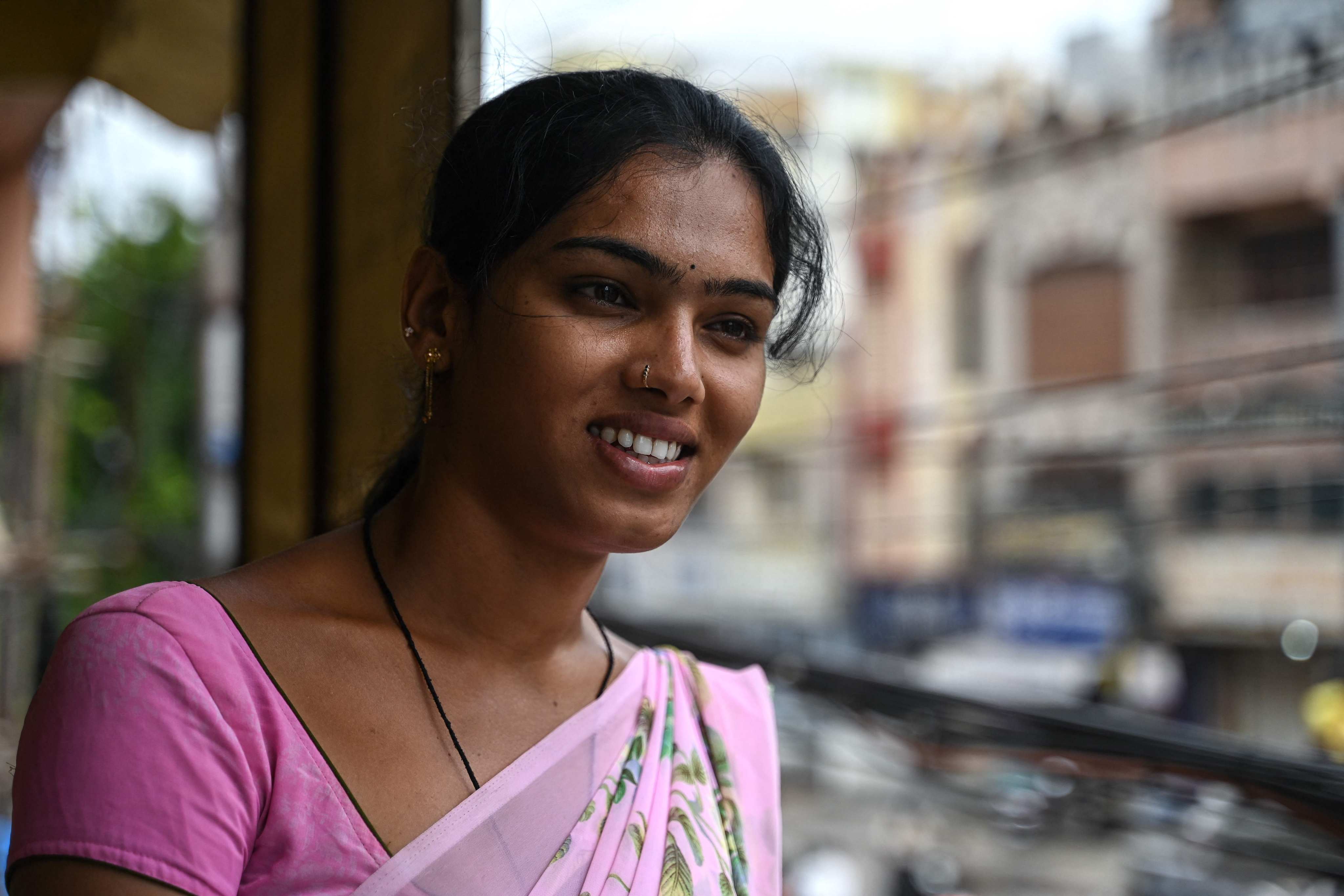 Transgender woman Bhukya Ahalya is interviewed in Hyderabad on August 27. Photo: AFP