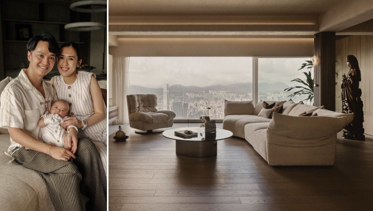 Kevin Yeung (left) and Jude Tsang with their “baby J” in the redesigned home. Photo: Avospaces
The living room in the 2,500 sq ft Peak apartment, with a view over Victoria Harbour into Kowloon. Soil Studios helped transform the 1960s-built home into a multigenerational spiritual sanctuary. Photo: Studio Periphery