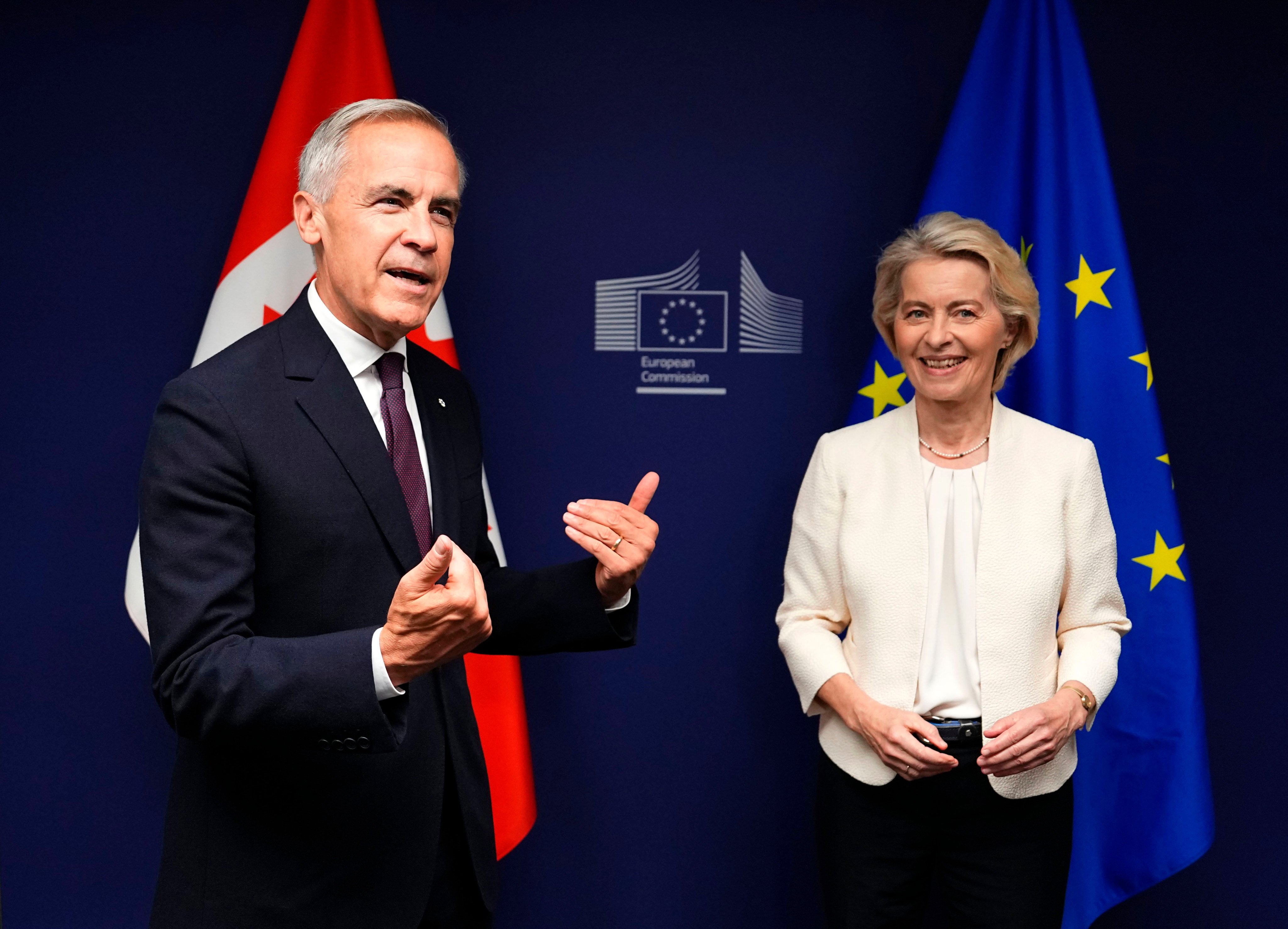 Canadian Prime Minister Mark Carney (left) and European Commission president Ursula von der Leyen at a meeting in Strasbourg, France, on Wednesday. Photo: The Canadian Press via AP