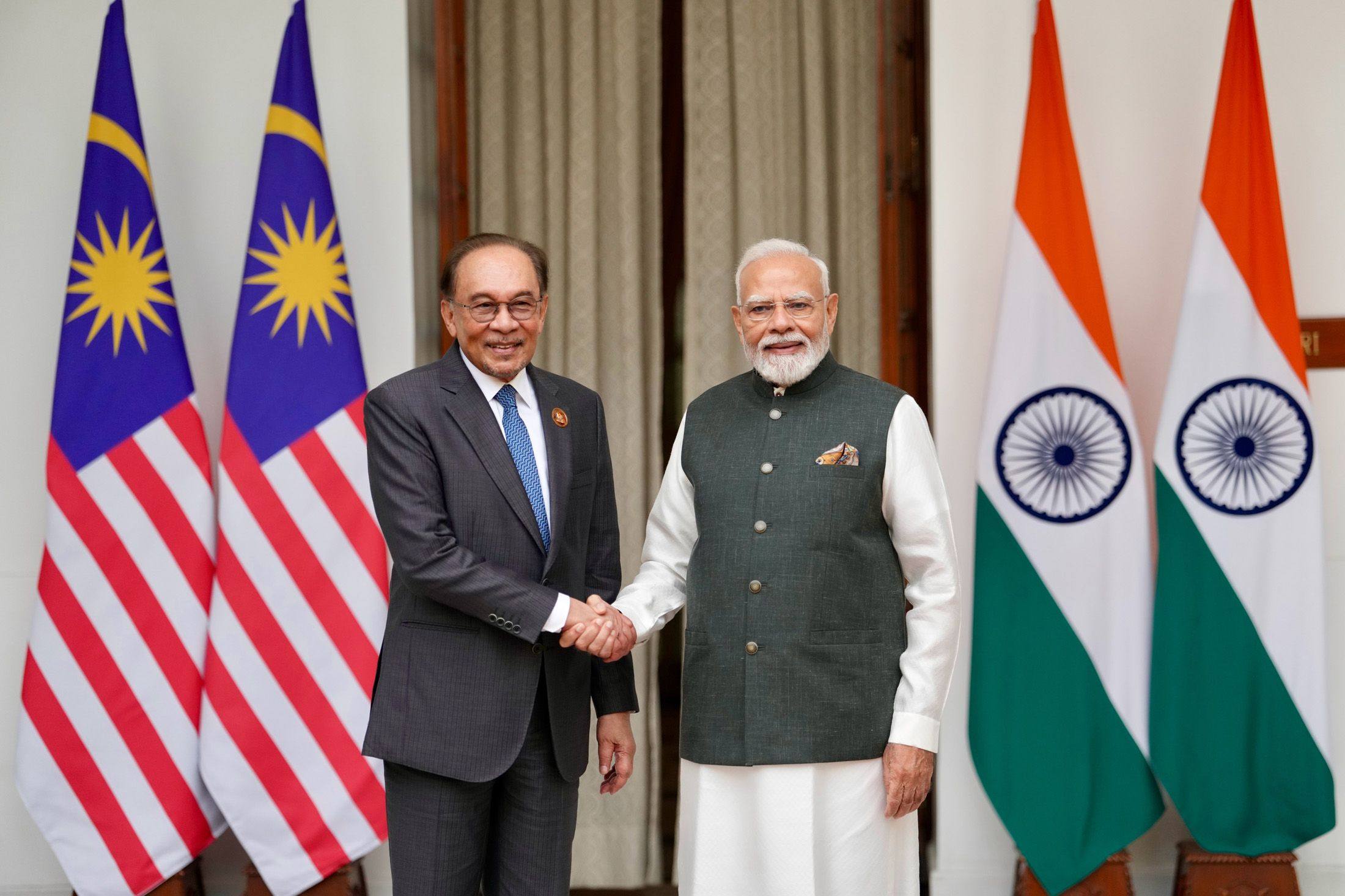 Malaysia’s Prime Minister Anwar Ibrahim meets India’s Prime Minister Narendra Modi on the sidelines of the 18th Brics Summit at Hyderabad House in New Delhi on September 12. Photo: dpa