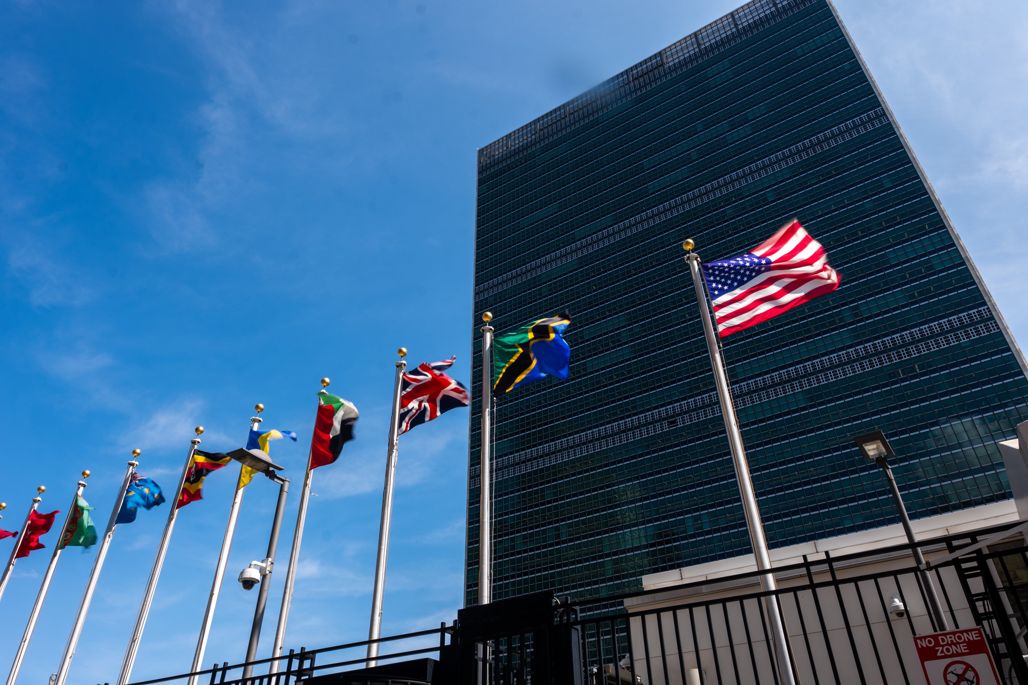 Member state flags fly outside the United Nations headquarters in New York City. Photo: Getty Images