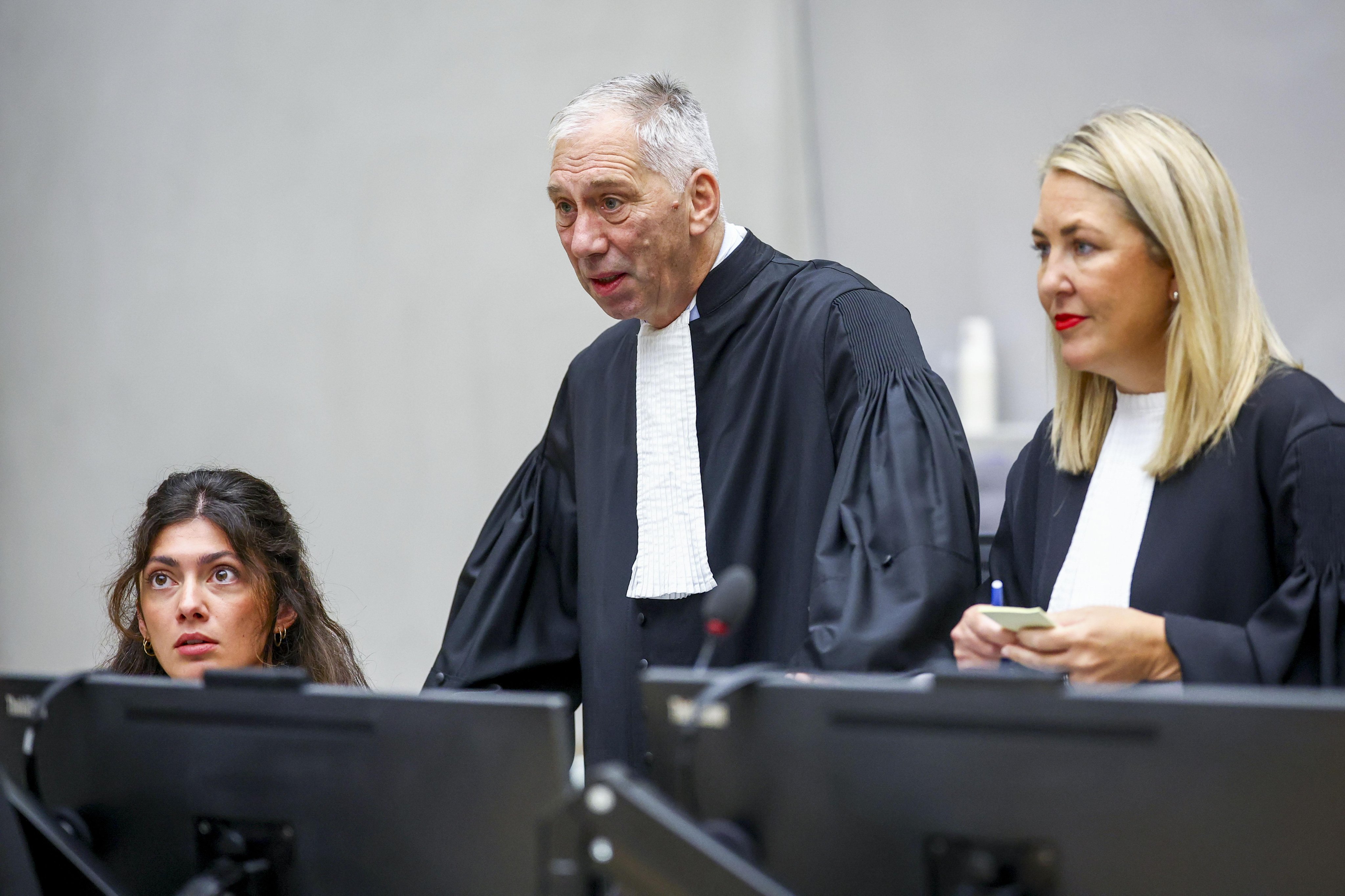 Defence counsel members Peter Haynes (centre) and Kate Gibson (R) attend a preliminary hearing of former Philippine president Rodrigo Duterte at the International Criminal Court on Wednesday.  Photo: EPA