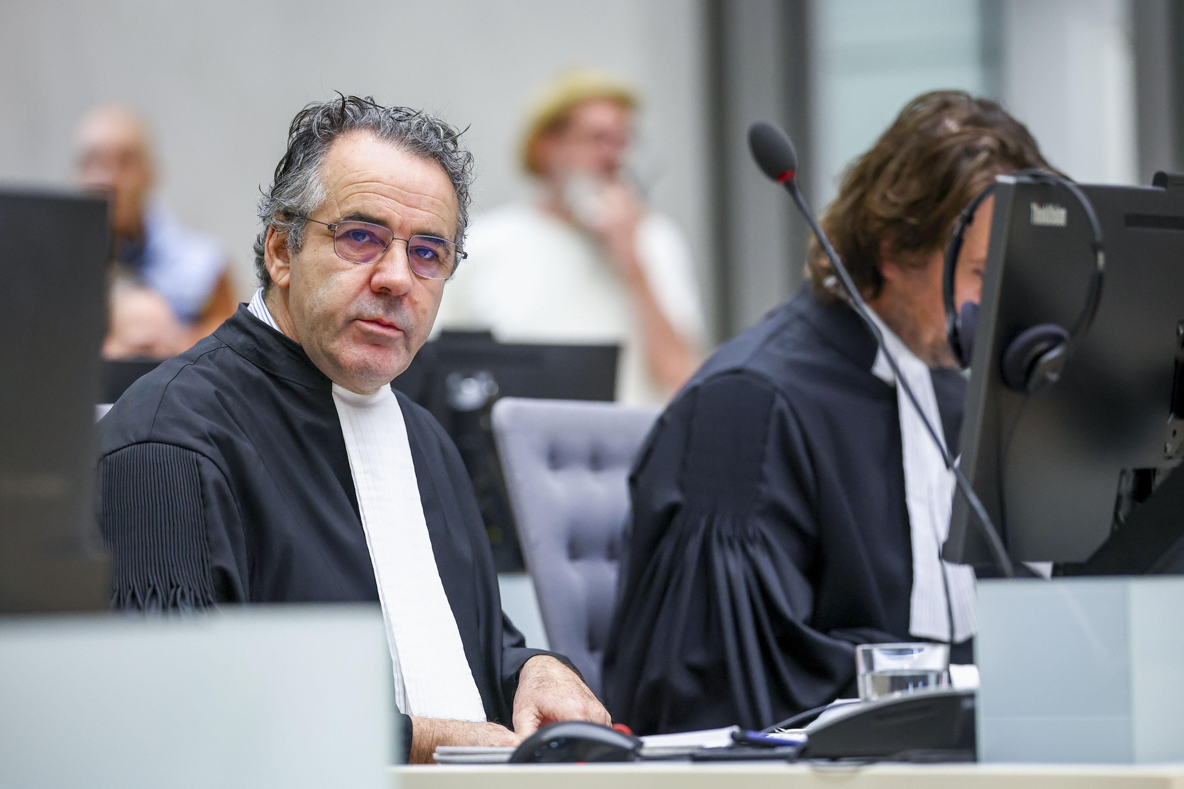 ICC Senior Trial Lawyer Julian Nicholls (left) attends a preliminary hearing of former Philippine president Rodrigo Duterte at the International Criminal Court on Wednesday. Photo: EPA