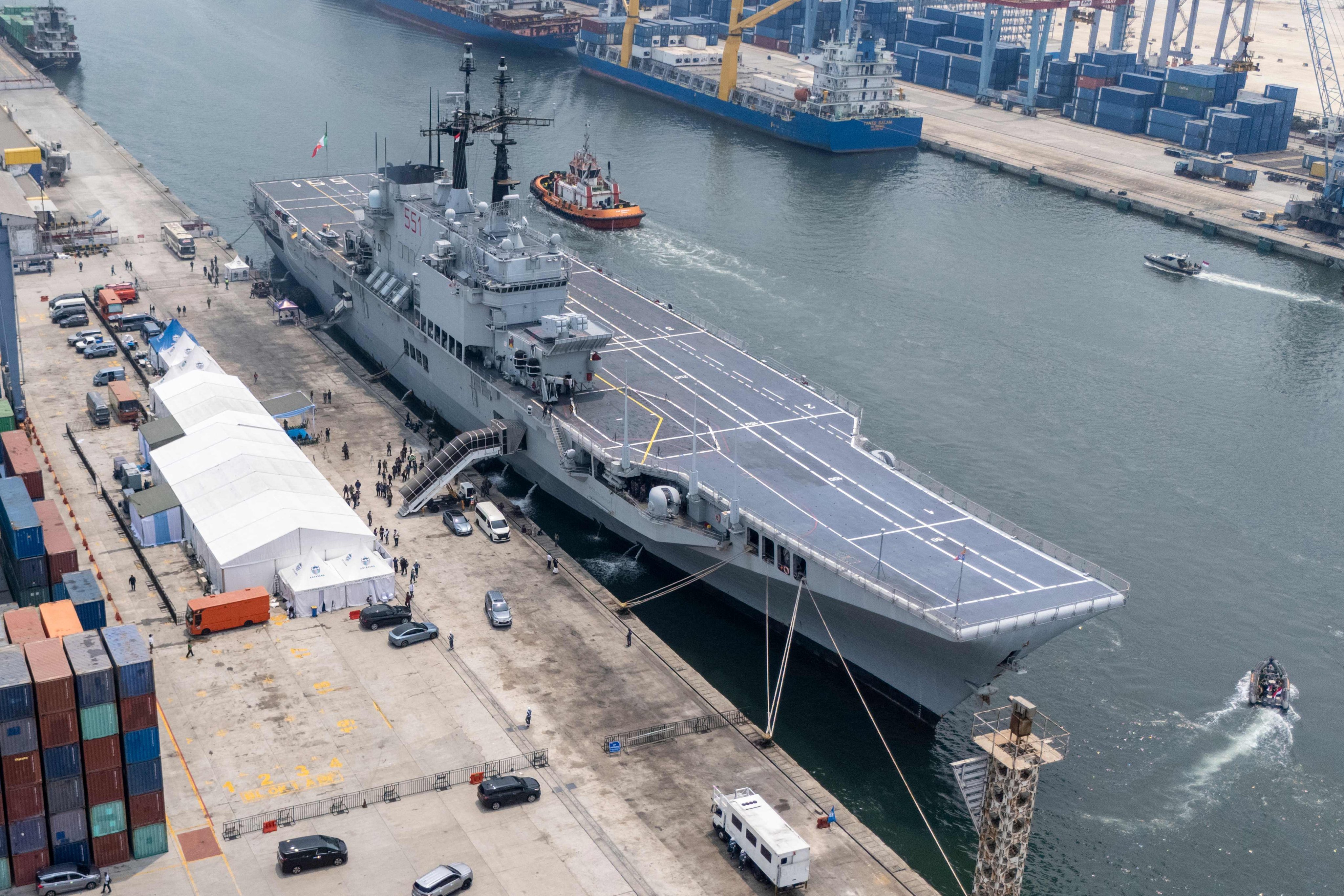 Former Italian Navy aircraft carrier Giuseppe Garibaldi docks at Tanjung Priok port in Jakarta on Friday. Photo: AFP