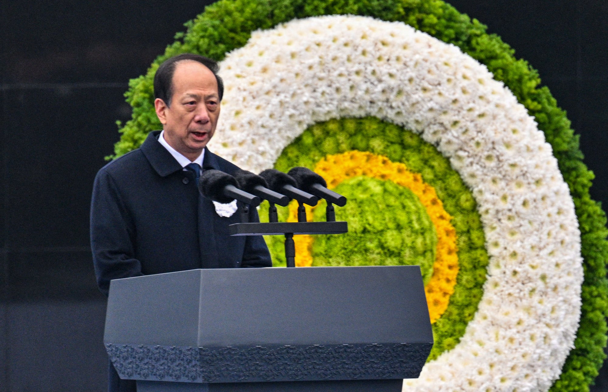 Shi Taifeng, Politburo member and first CPPCC vice-chairman, speaks during a ceremony to mark China’s National Memorial Day for Nanjing Massacre Victims in Nanjing, Jiangsu province, on December 13, 2025. Photo: AFP Shi Taifeng, Politburo member and first CPPCC vice-chairman, speaks during a ceremony to mark China’s National Memorial Day for Nanjing Massacre Victims in Nanjing, Jiangsu province, on December 13, 2025. Photo: AFP