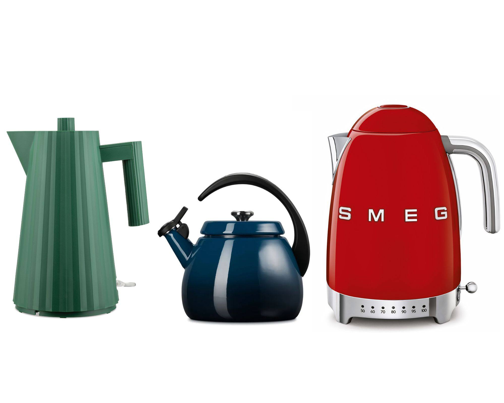 (From left) Statement kettles from Alessi, Le Creuset and Smeg bring colour and style to the kitchen. Photos: Handout