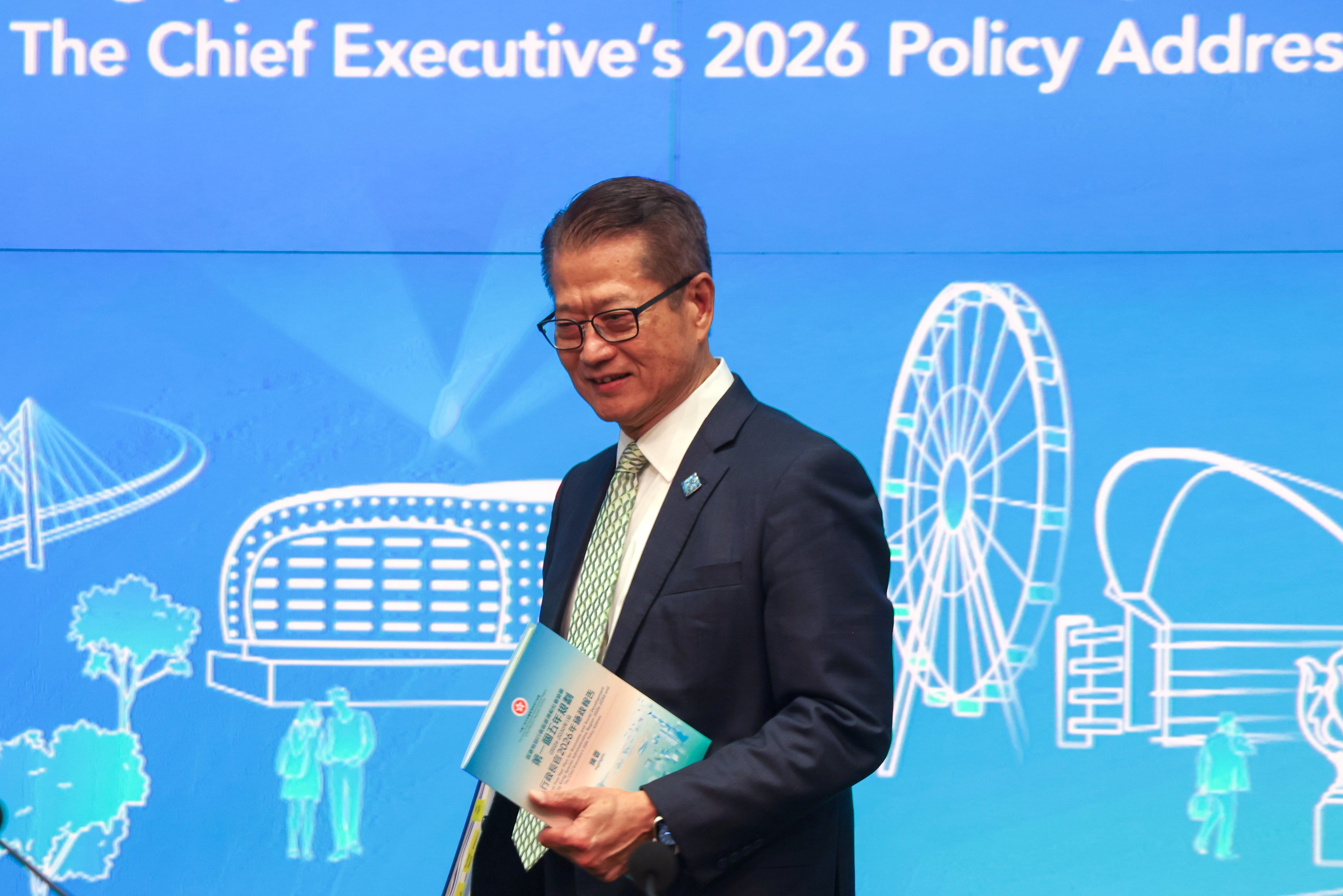 Financial Secretary Paul Chan attends a press conference on initiatives under Hong Kong’s first five-year plan and the 2026 policy address. Photo: Silvia Siu