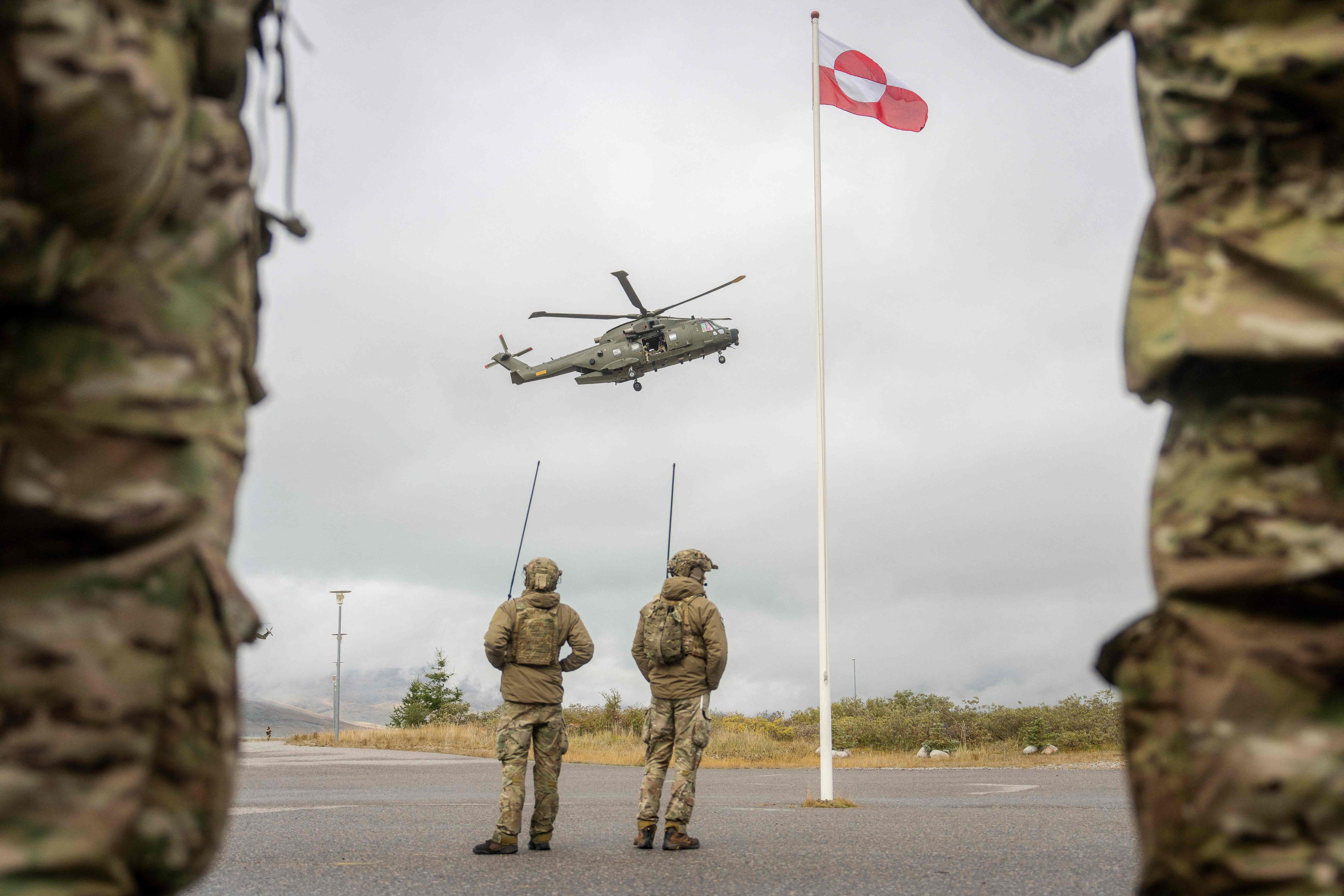 A Danish Air Force EH101 Merlin helicopter comes in to land during Nato military exercise Arctic Shield 2026 in Narsarsuaq, Greenland. Photo: Ritzau Scanpix via AFP