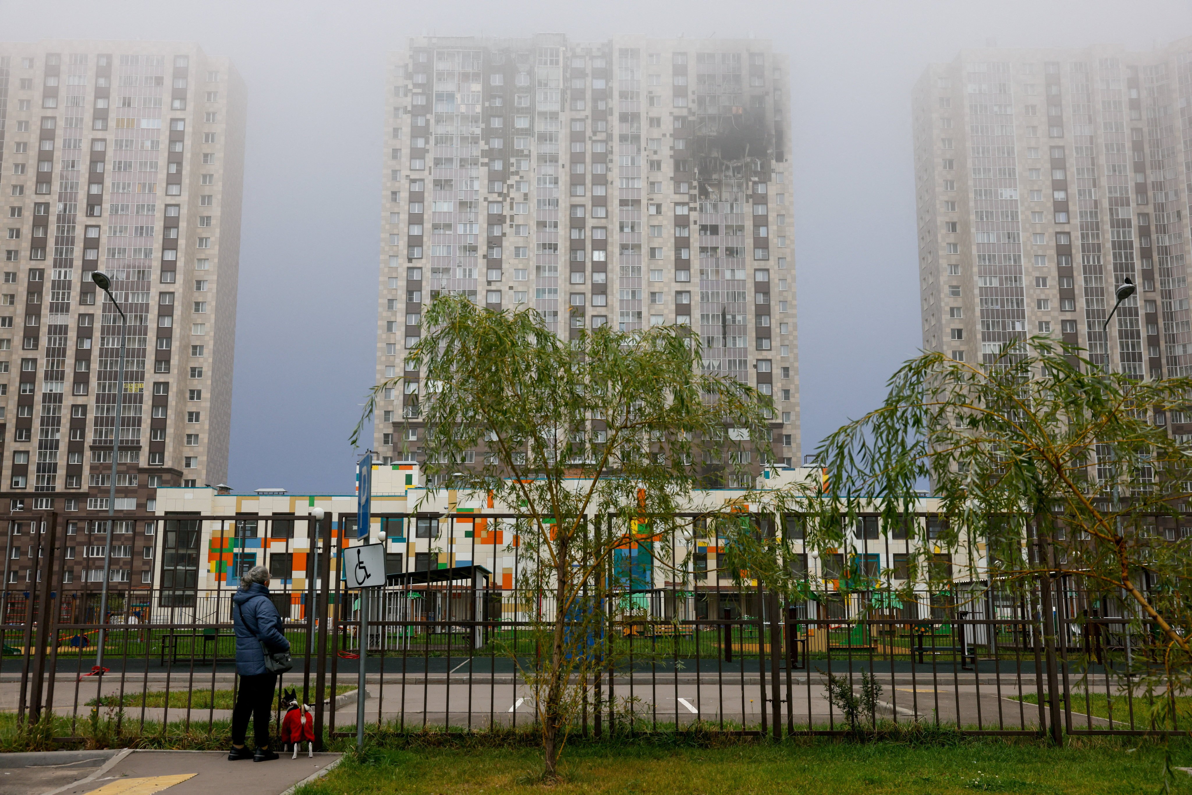 A damaged multi-storey residential in Kotelniki, in the Moscow region. Photo: Reuters