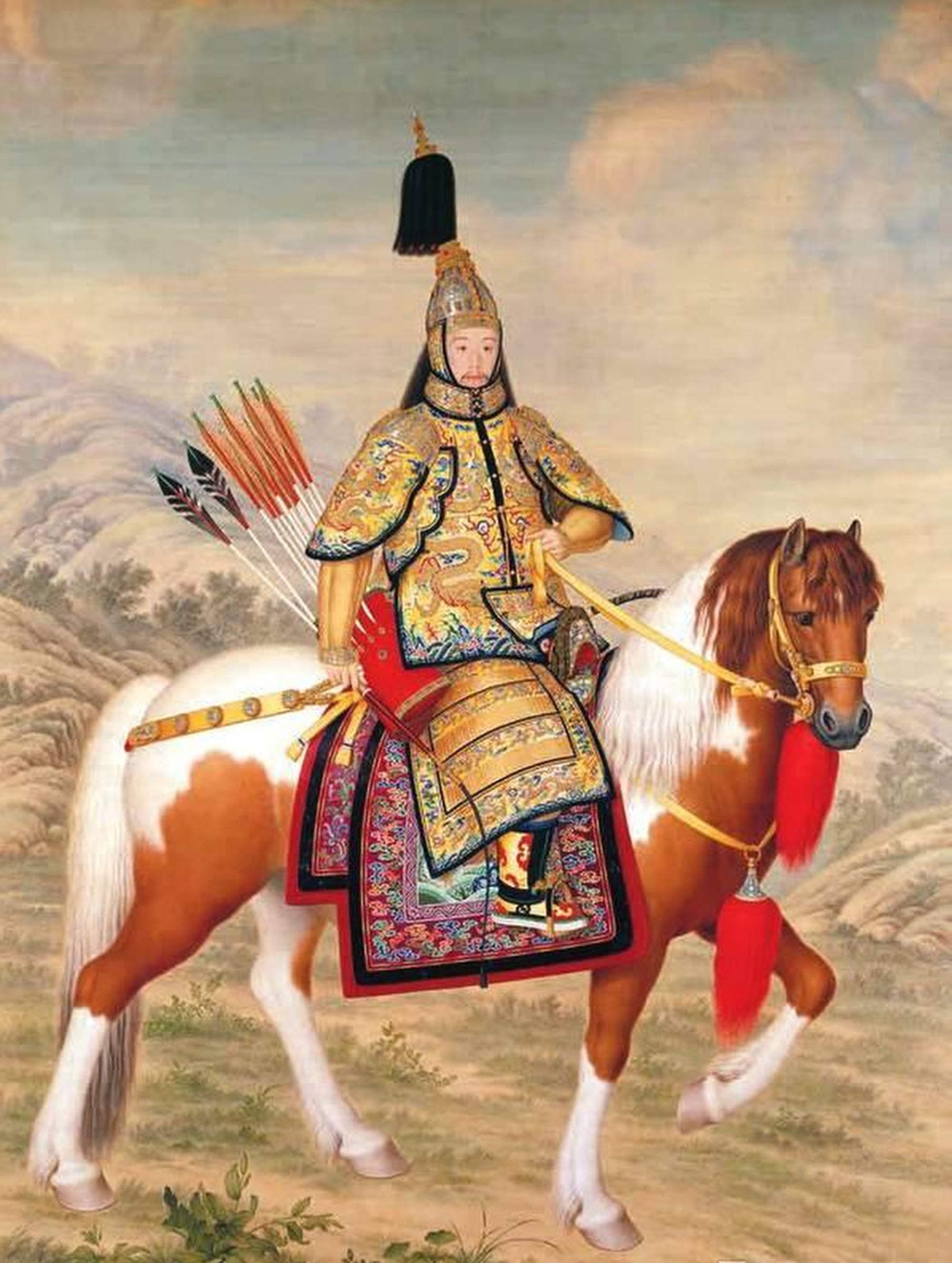 Depicting Emperor Qianlong in ornate, gold-plated ceremonial armour on a richly adorned horse, this painting is viewed by art historians as another form of political “cosplay.” Photo: ifeng