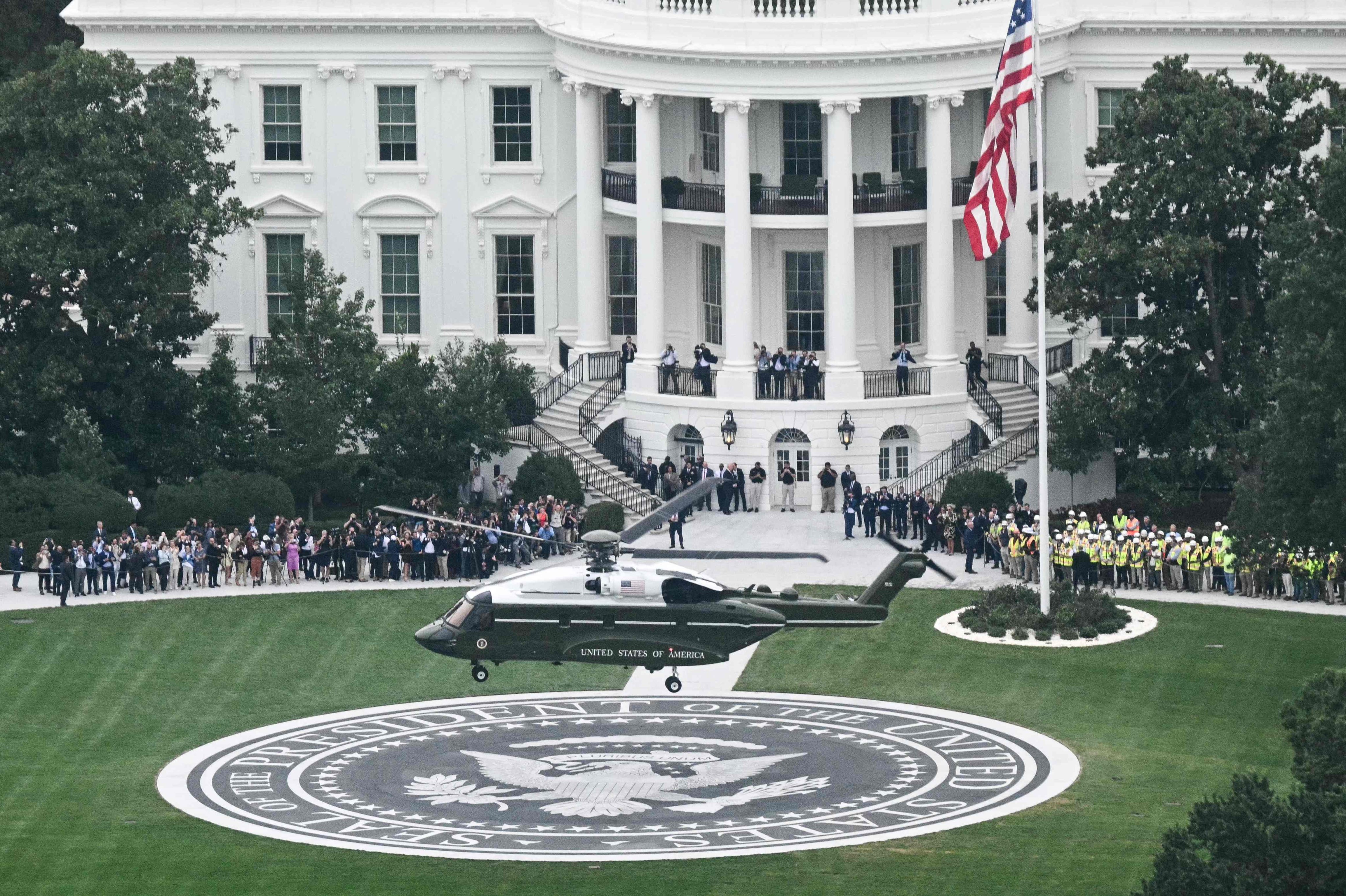 Marine One takes off from the new helipad. Photo: AFP