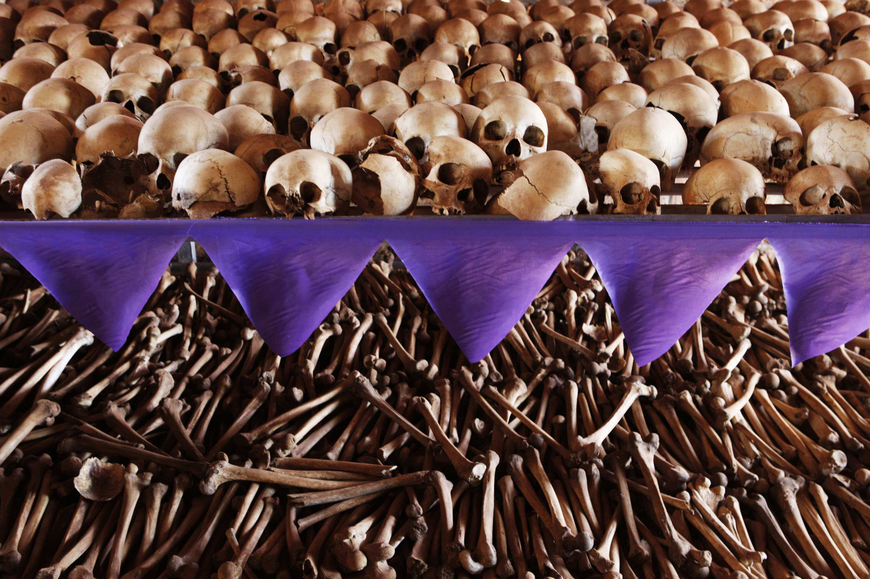 The skulls and bones of Rwandan victims at a genocide memorial outside Kigali. Photo: Reuters