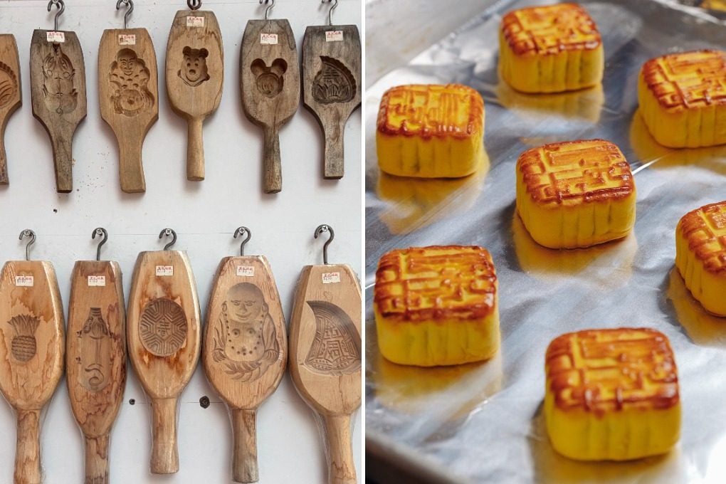 (Left) Wooden mooncake moulds for sale at Man Kee Chopping Board in Hong Kong; and (right) mooncakes from Lung King Heen, which makes only small batches of its handmade artisanal mooncakes each year. We look at others helping preserve the ancient craft and how the design of the snacks has changed over the centuries. Photos: Charmaine Mok/Four Seasons Hong Kong