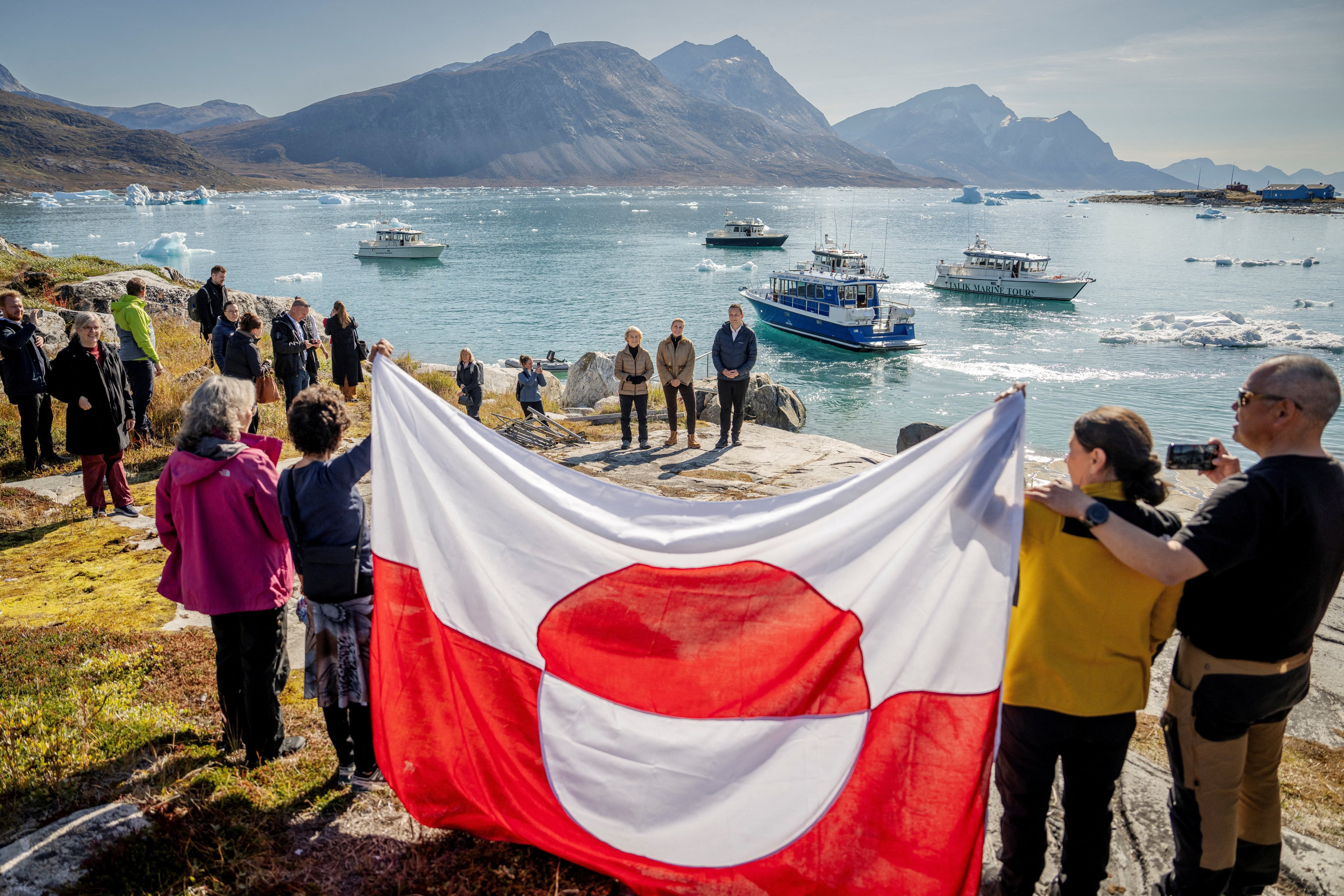 Denmark’s Prime Minister Mette Frederiksen, President of the European Commission Ursula von der Leyen, and Greenland’s Prime Minister Jens-Frederik Nielsen visit Qoornoq in Greenland on  September 6. Photo: Reauters