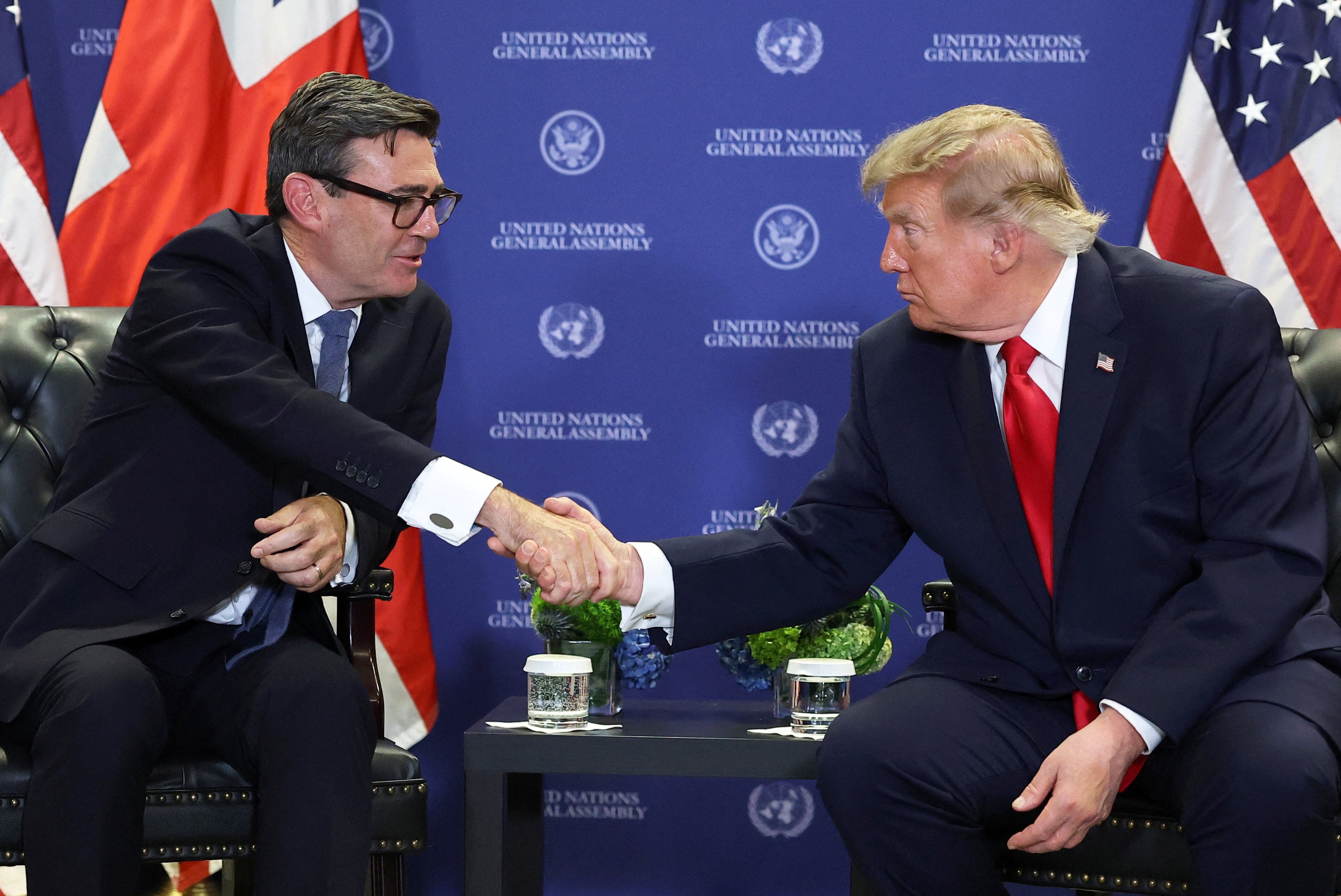 Britain’s Prime Minister Andy Burnham (left) shakes hands with US President Donald Trump in New York on Tuesday. Photo: AP