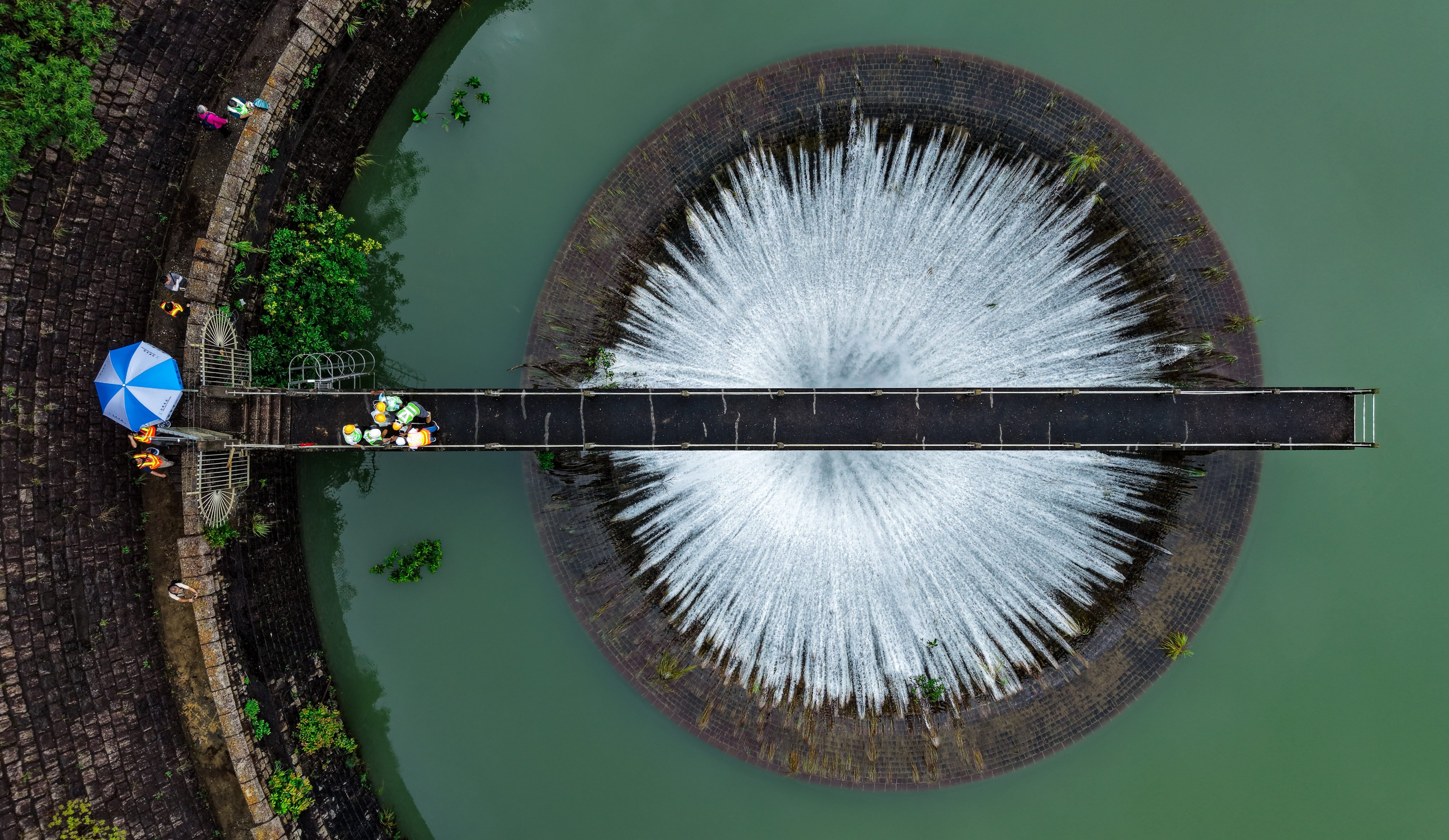 An aerial view of the bellmouth overflow, a spillway that helps make water use more efficient and prevent flooding, at Shing Mun Reservoir in Tsuen Wan on July 28. Photo: Sam Tsang