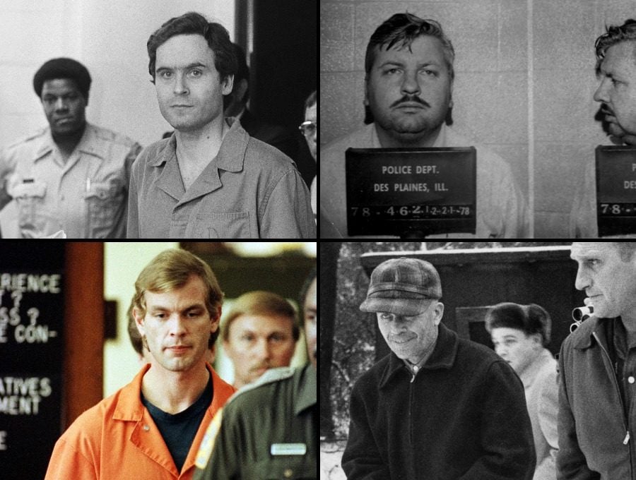 (Original Caption) Suspected murderer Theodore Bundy, charged with the killings of FSU coeds Margaret Bowman and Lisa Levy who were beaten and strangled at the Chi Omega House in January, is shown in this photograph. Photo: Getty Images

A police booking photo of American serial killer John Wayne Gacy on Dec. 21, 1978, at the Des Plaines Police Department. (Des Plaines Police Department/Chicago Tribune/Tribune News Service via Getty Images)

Serial killer Jeffrey Dahmer is escorted into a Milwaukee County Circuit Court by a Milwaukee County Sheriffs Deputy for his second appearance in this July, 1991, file photo. Dahmer confessed to the murders of 17 young men, and was sentenced to life in prison in February of 1992. REUTERS/Allen Fredrickson/File photo TO MATCH FEATURE STORY CRIME DAHMER

Ed Gein, a Wisconsin, was led away by Sheriff Arthur Schley, near Plainfield, Wisconsin, in 1957, after he admitted to murdering two women and robbing graves. Apparently he had used body parts to…