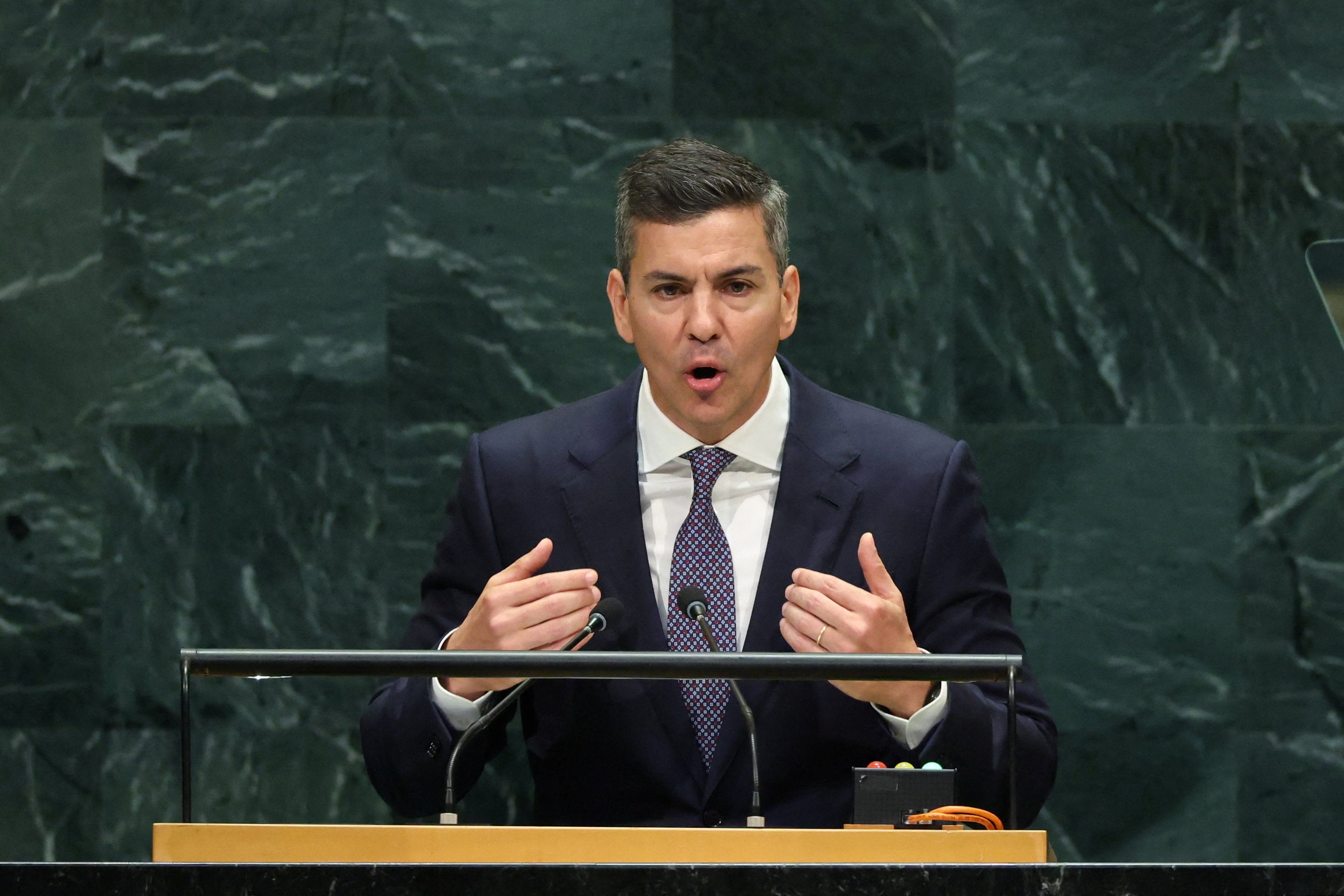 Paraguayan President Santiago Pena addresses the UN General Assembly in New York on Wednesday.