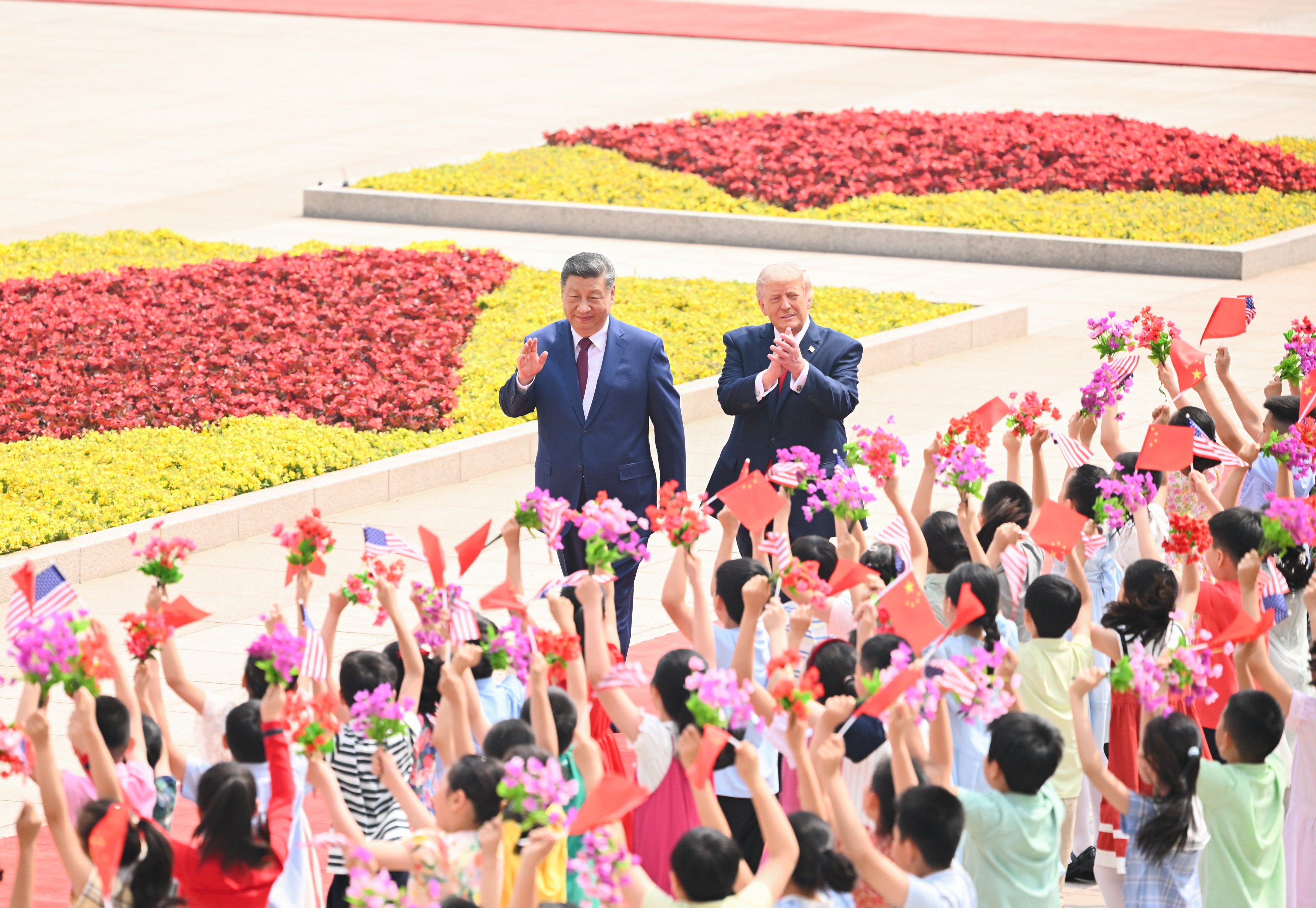 Chinese President Xi Jinping and US President Donald Trump take part in a welcome ceremony for Trump outside the Great Hall of the People in Beijing during his state visit to China on May 14, 2026. Photo: Xinhua