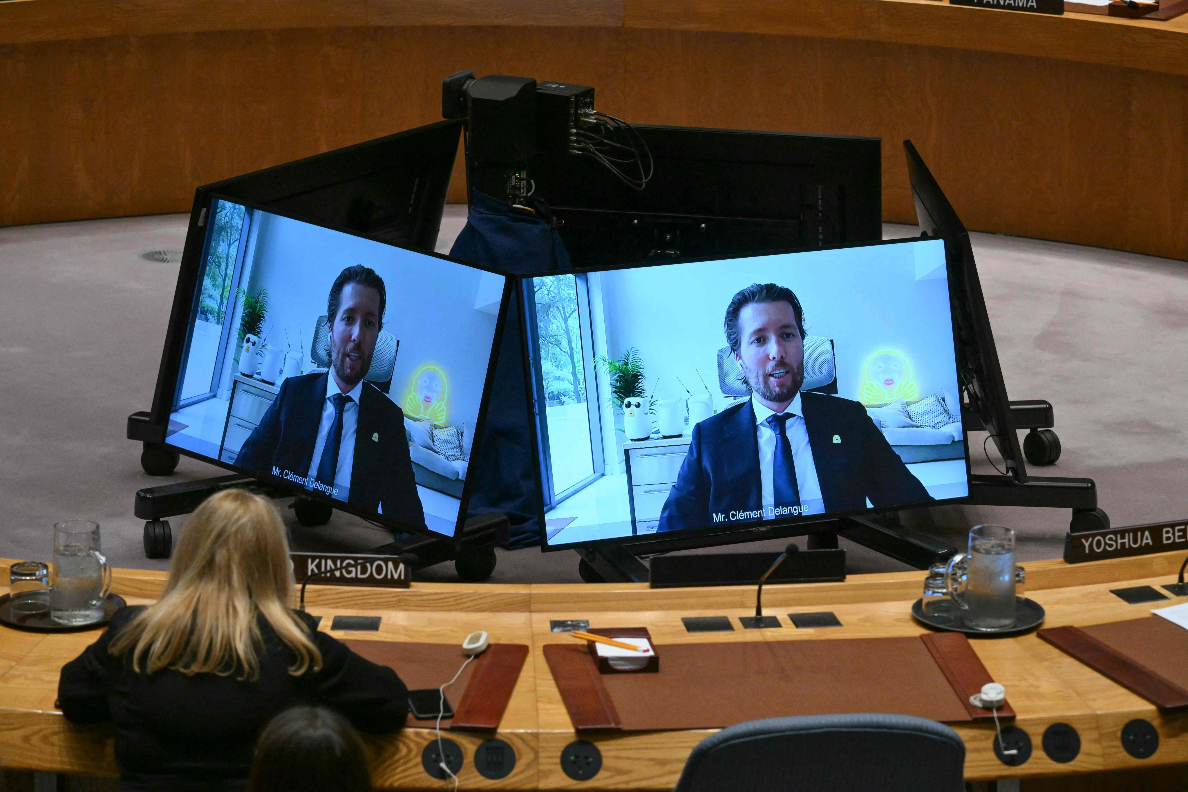 Hugging Face CEO Clement Delangue appears by video link during a UN Security Council meeting on artificial intelligence in New York on Wednesday. Photo: AFP