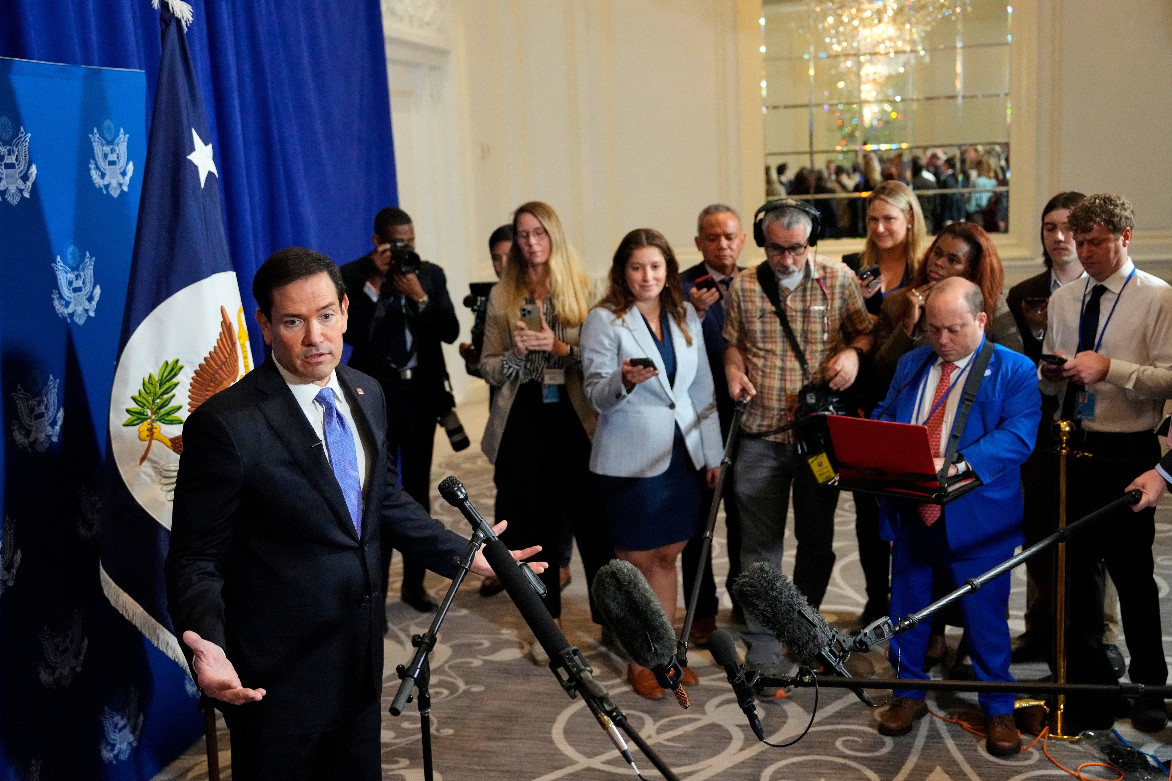 US Secretary of State Marco Rubio speaks to the media in New York on Wednesday. Photo: Pool via Reuters