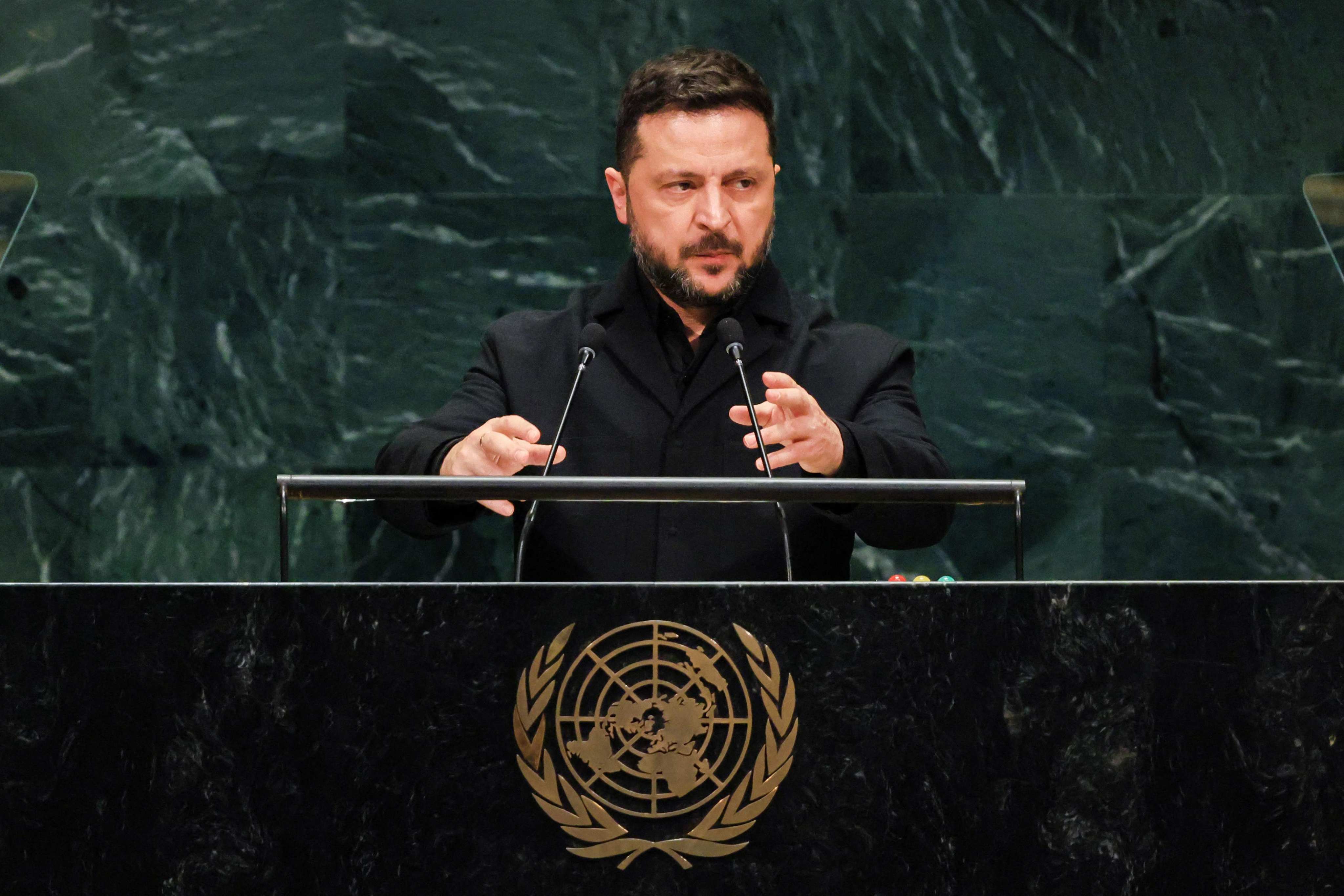 Ukraine’s President Volodymyr Zelensky speaks during the 81st session of the United Nations General Assembly in New York. Photo: Getty Images via AFP