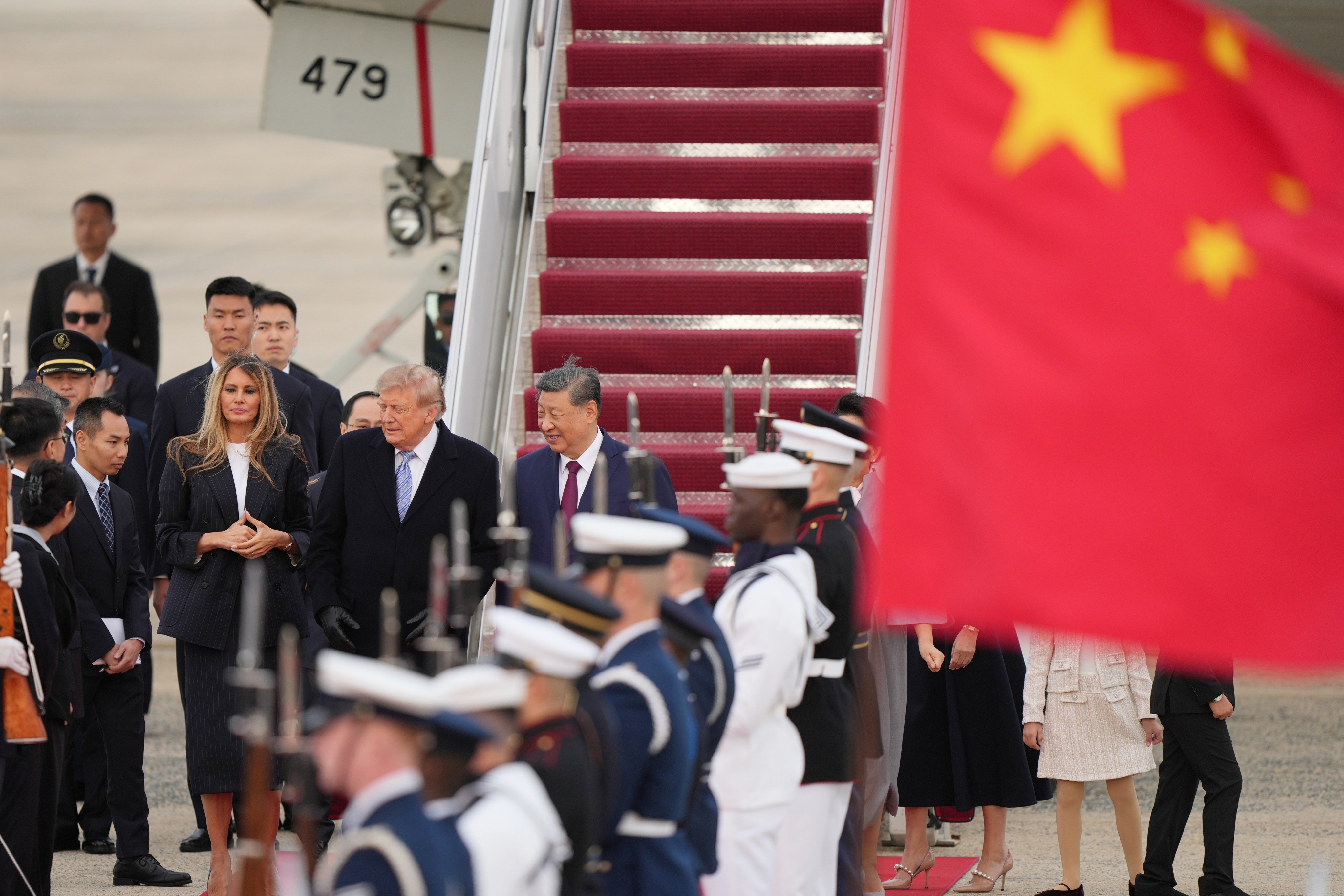 US President Donald Trump and first lady Melania Trump greet China’s President Xi Jinping and his wife Peng Liyuan at Joint Base Andrews on Wednesday. Photo: AP