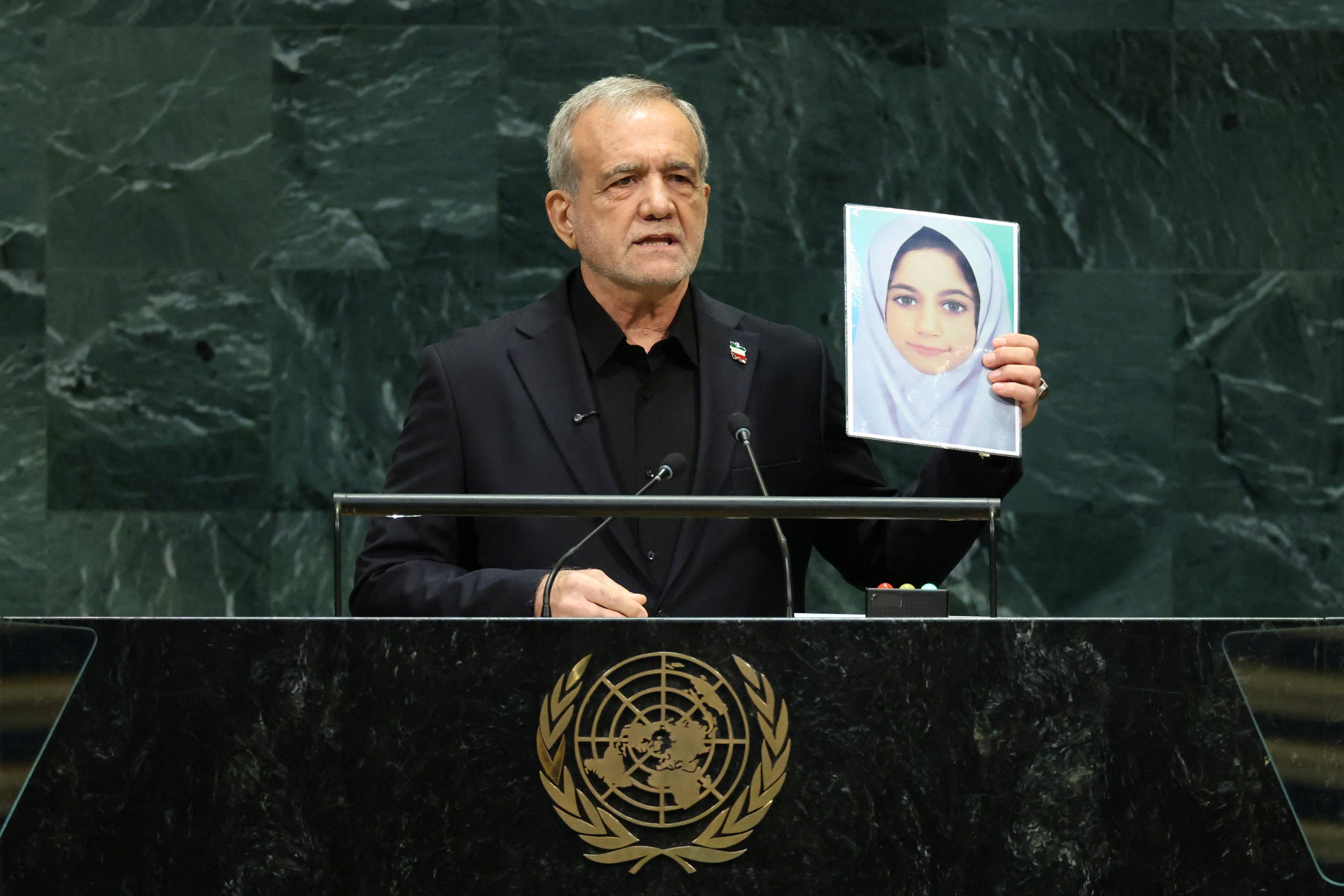 Iran’s President Masoud Pezeshkian giving his address in New York. Photo: Reuters