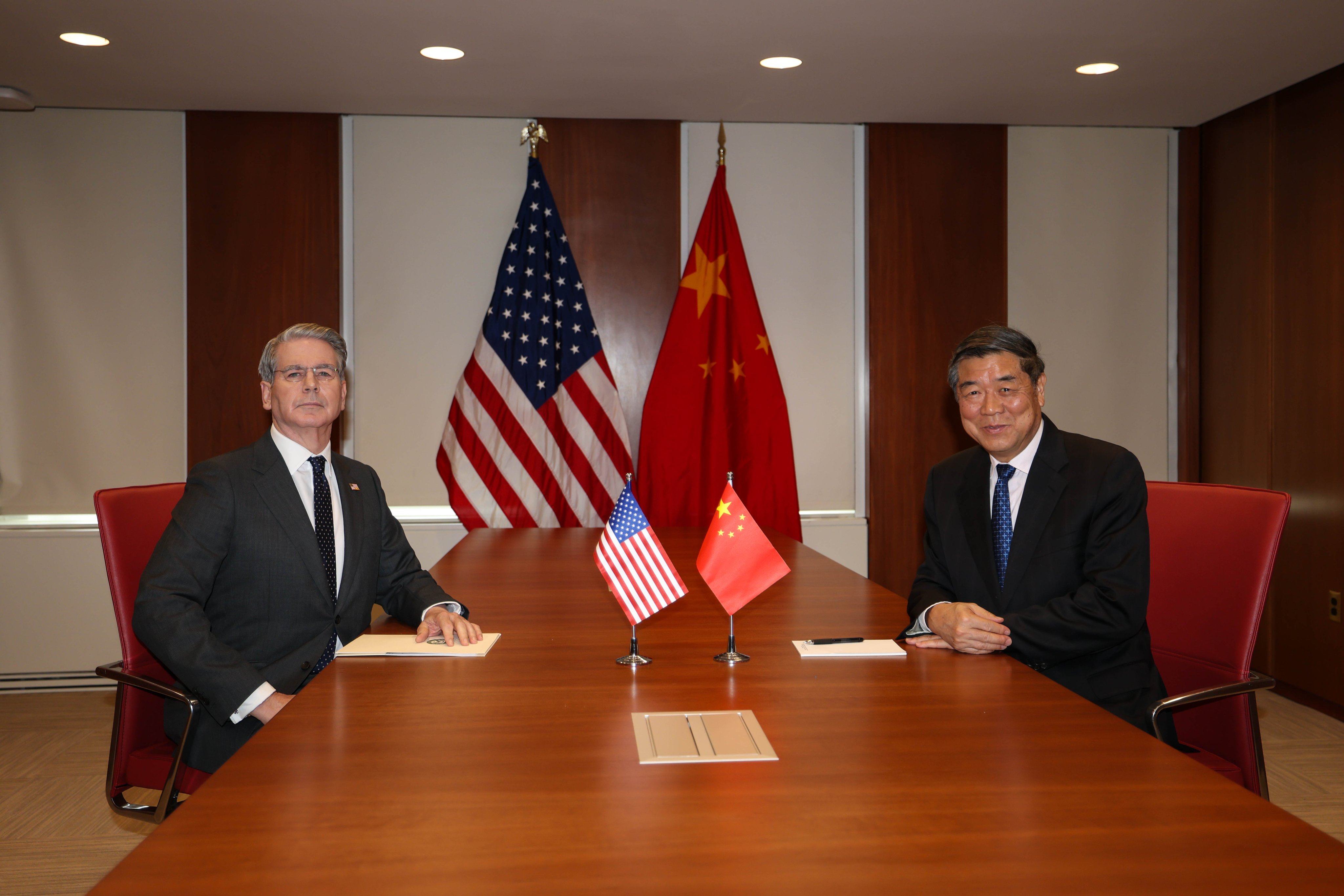 US Treasury Secretary Scott Bessent and Vice-Premier He Lifeng pose for a photograph at their meeting in Washington on Wednesday. Photo: @SecScottBessent/X