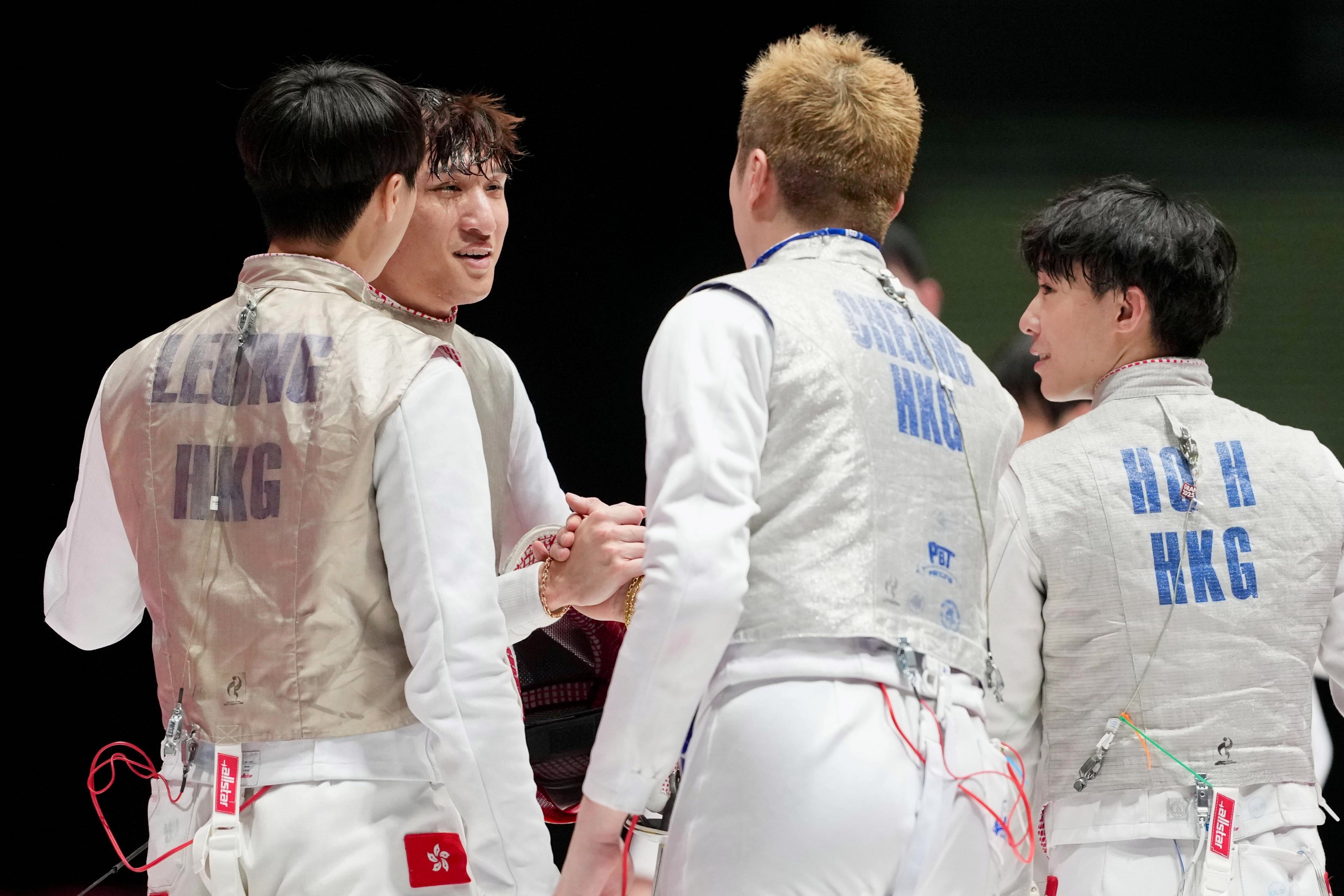 Hong Kong’s foil team of (from left) Leung Chin-yu, Ryan Choi, Cheung Ka-long and Harris Ho defeated South Korea in their semi-final at Aichi Sky Expo on Friday. Photo: Sam Tsang