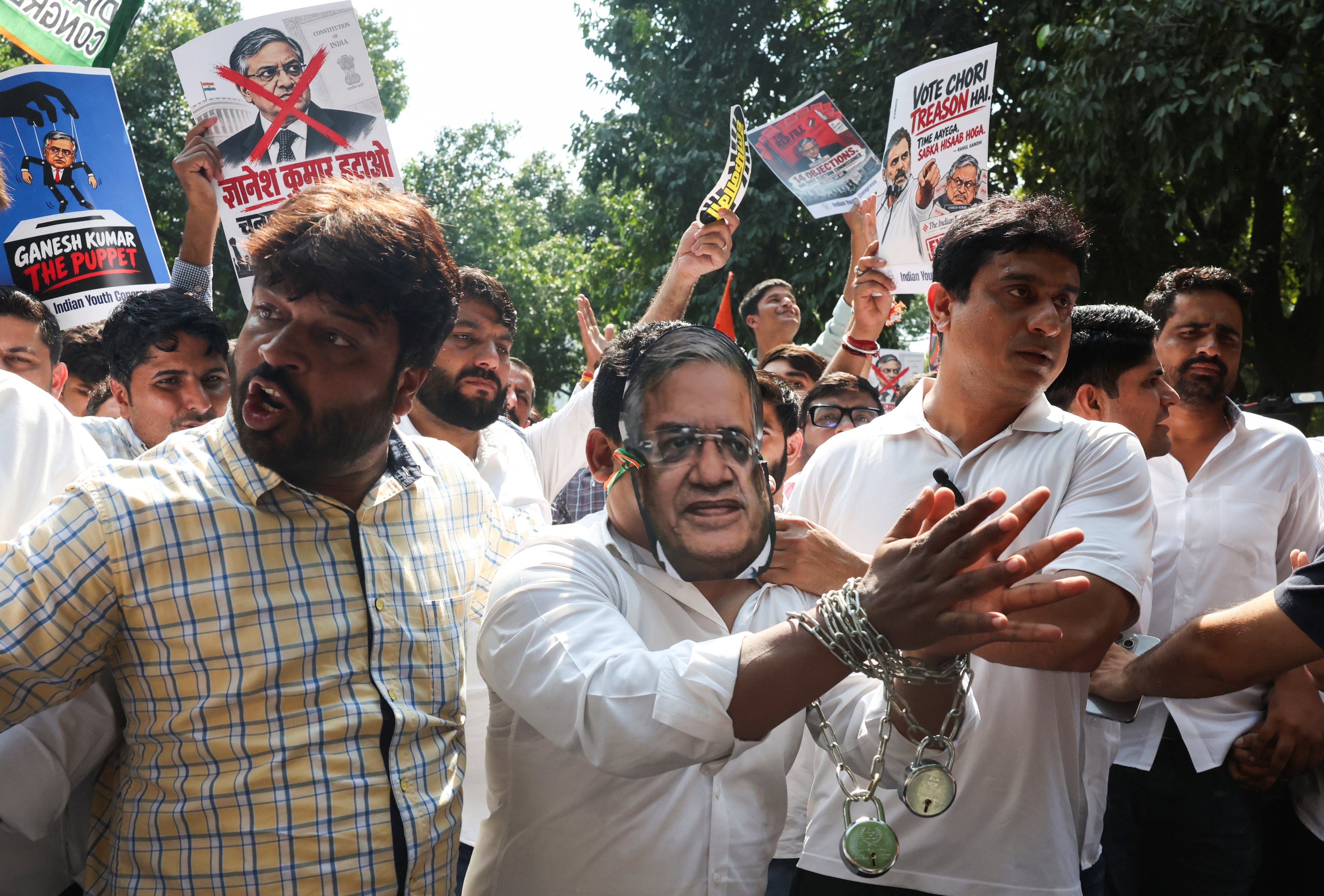 Supporters of India’s opposition Congress party protest in New Delhi demanding the resignation of Chief Election Commissioner Gyanesh Kumar on Friday. Photo: Reuters