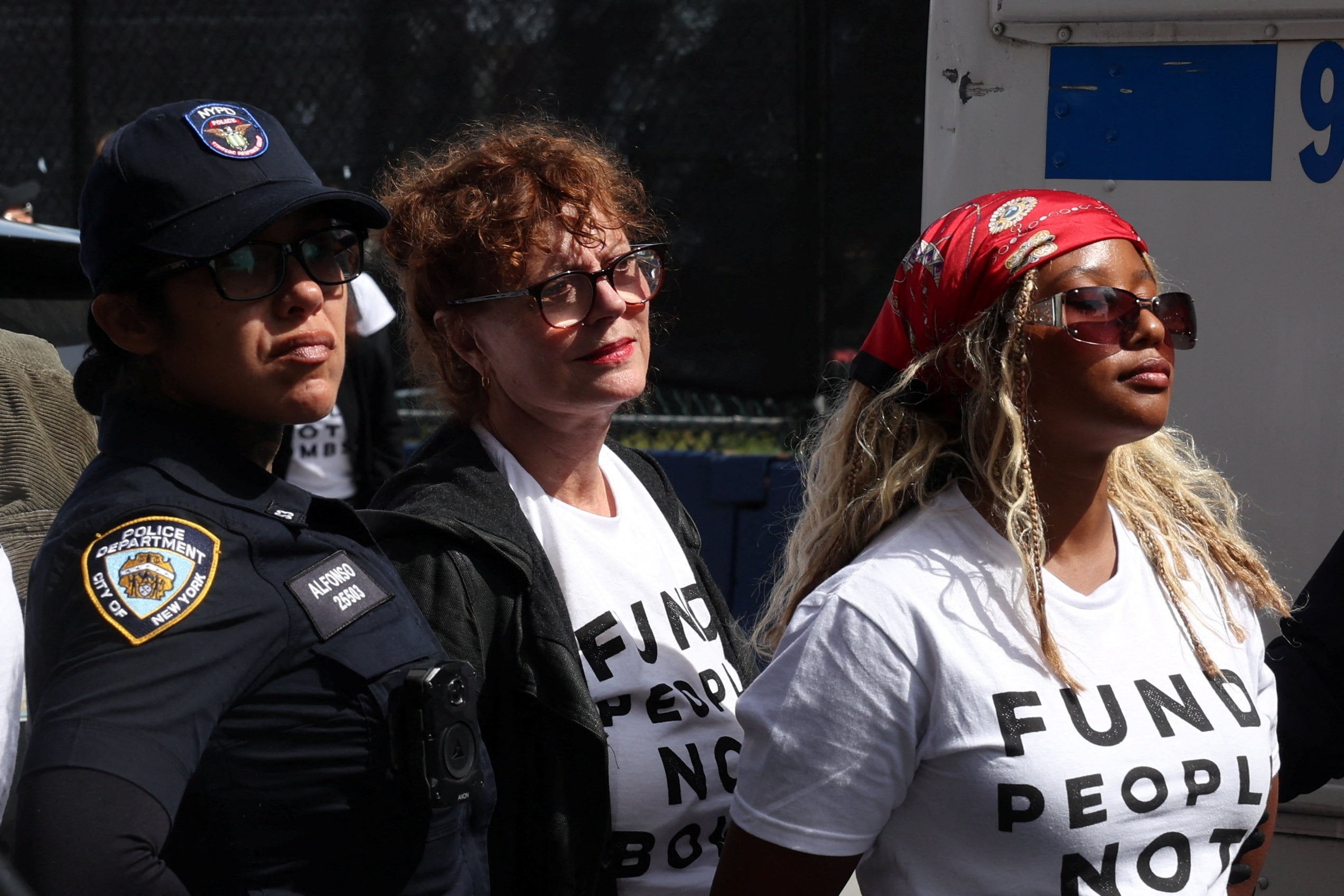 Actor Susan Sarandon being detained in New York City. Photo: Reuters