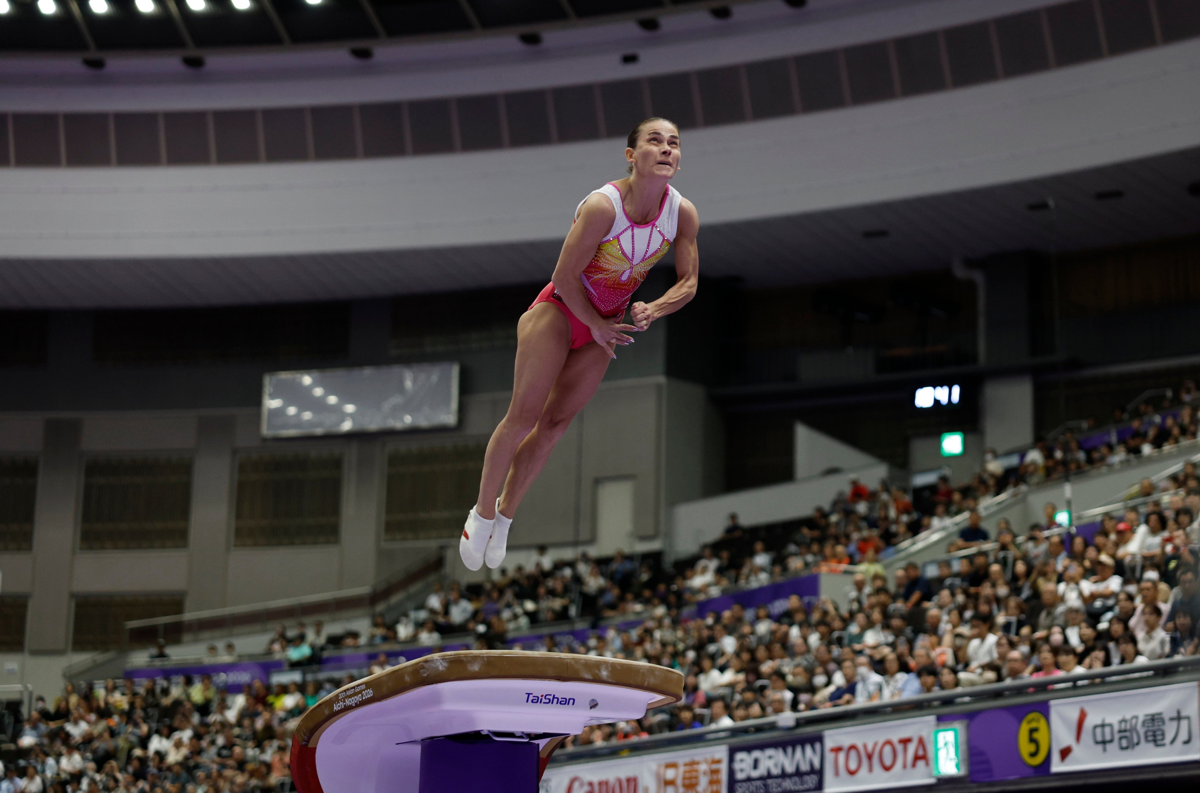 Uzbekistan’s Oksana Chusovitina in action during the women’s vault final at the Asian Games. Photo: Xinhua