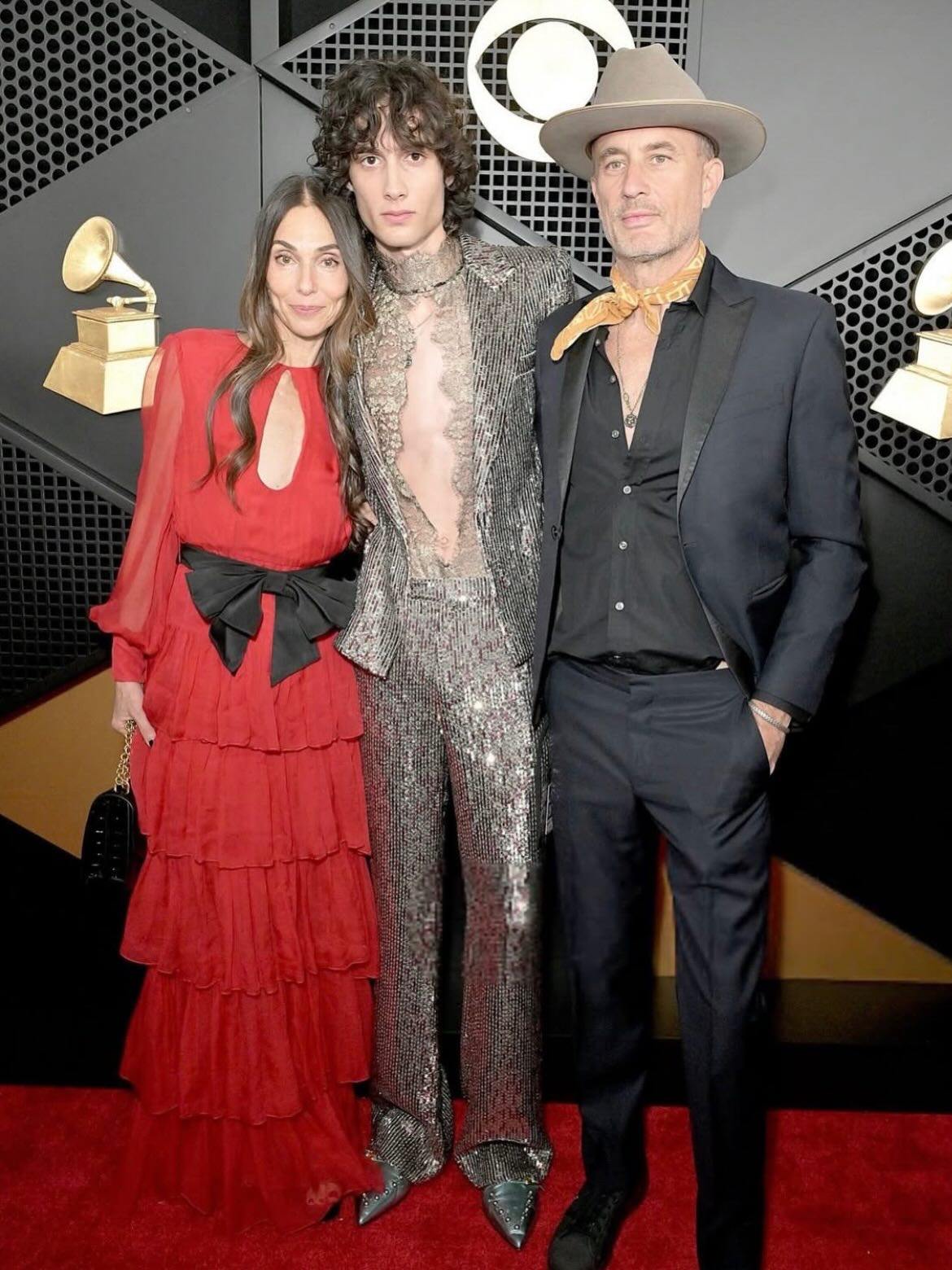 Sombr with his parents, Bennah Serfaty and Andy Boose, at the 68th Grammy Awards, where he was nominated for Best New Artist. Photo: @sombrontour/Instagram