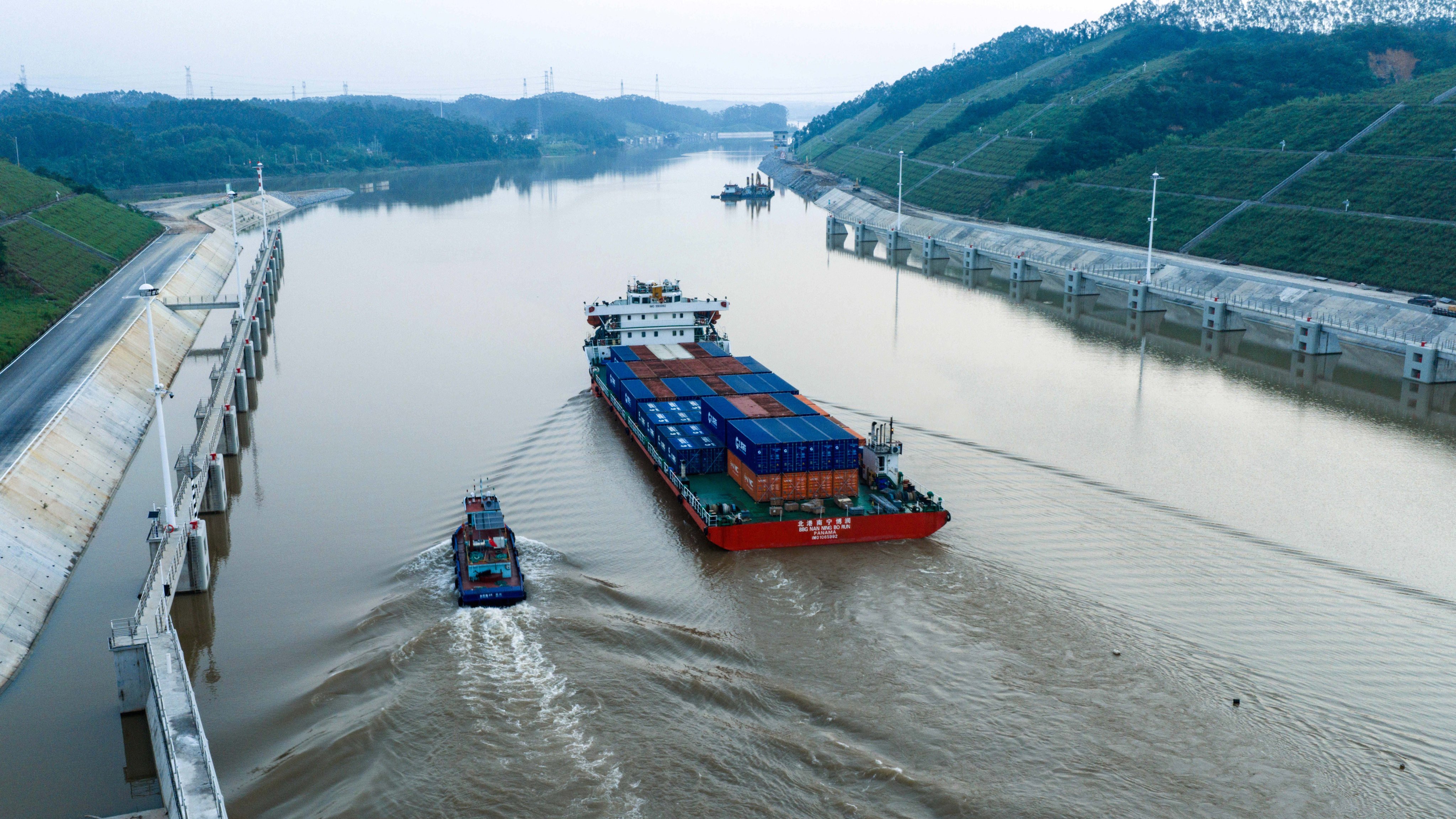 A Panama-flagged container ship on the Pinglu Canal this month. Photo: Xinhua