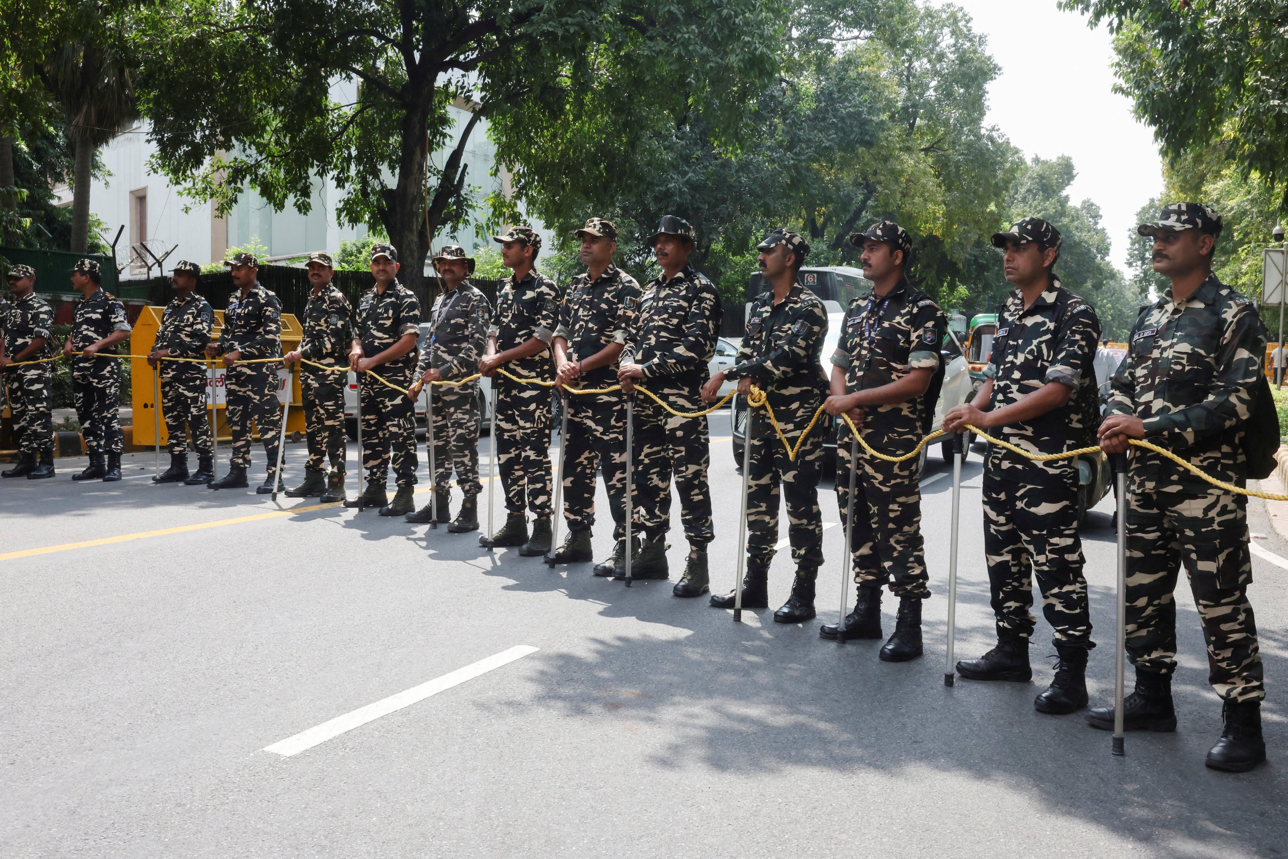 Security personnel set up roadblocks ahead of a Congress party protest demanding the resignation of Chief Election Commissioner Gyanesh Kumar, in New Delhi, on Friday. Photo: Reuters
