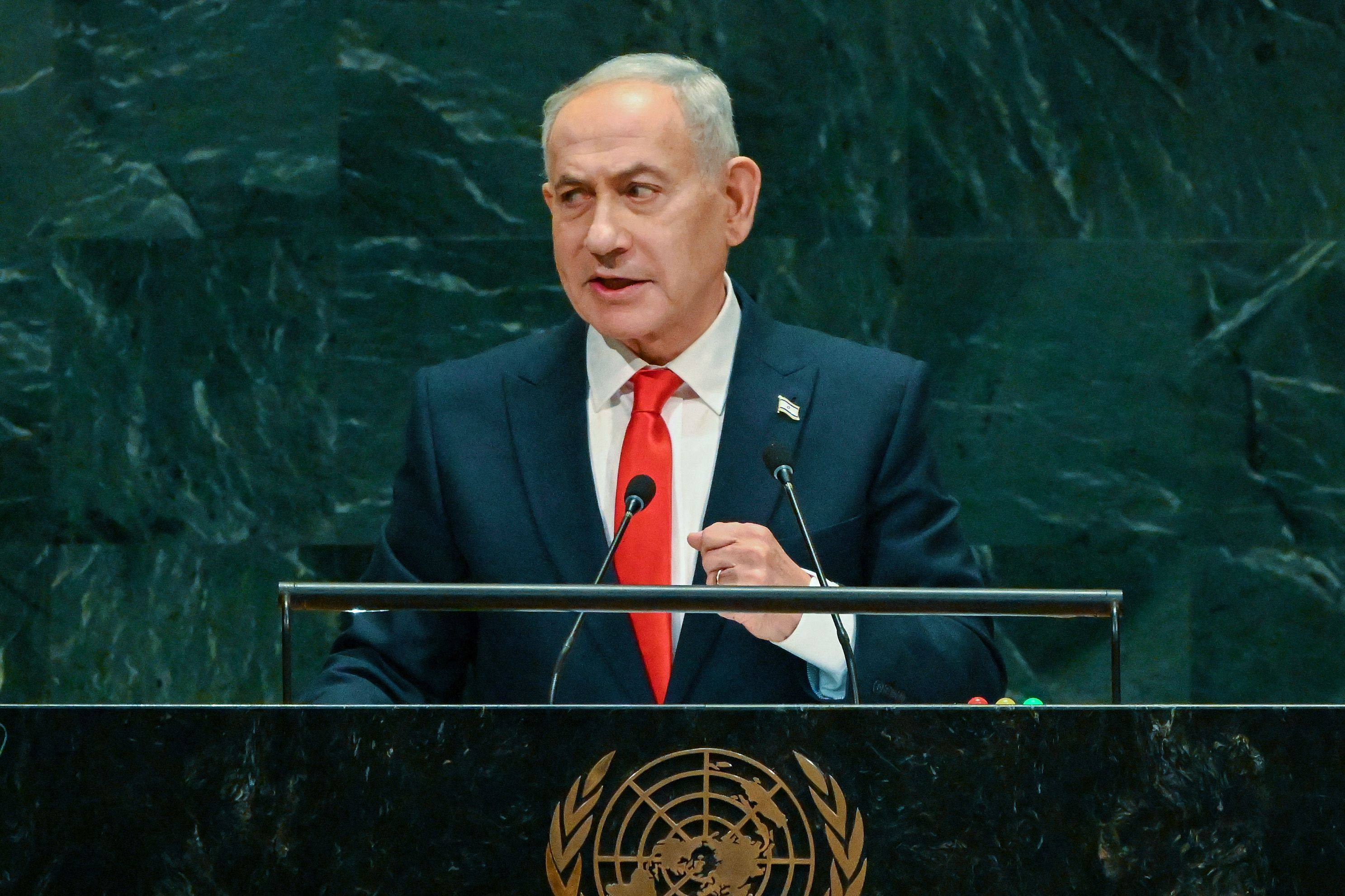 Israeli Prime Minister Benjamin Netanyahu speaks at the United Nations General Assembly in New York on Thursday. Photo: Getty Images via AFP