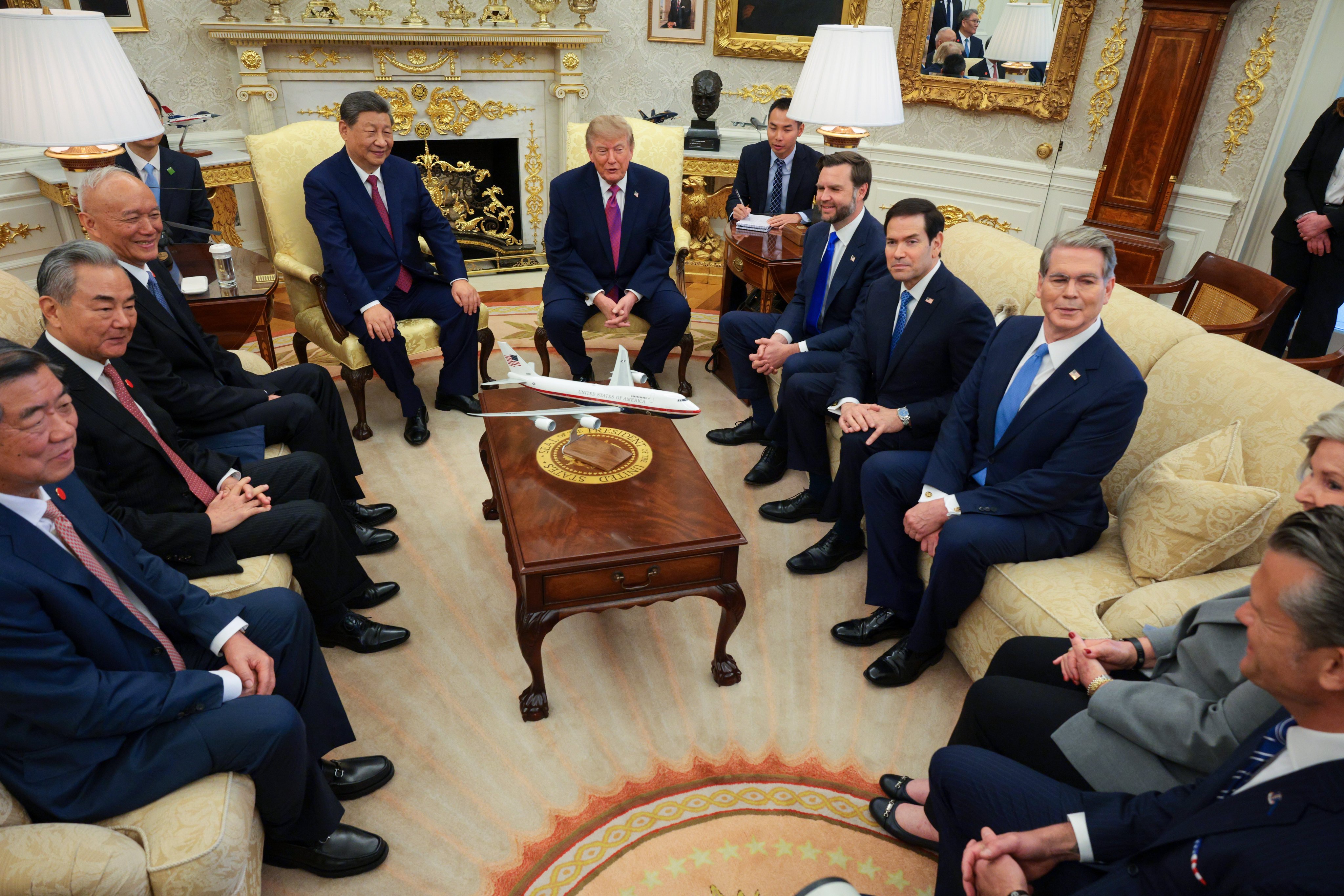 President of China Xi Jinping and US President Donald Trump are joined by their delegations in the Oval Office of the White House on Thursday. Photo: Getty Images