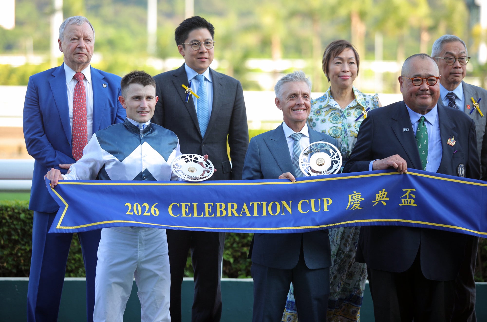 Jockey Luke Ferraris and trainer Mark Newnham with the Celebration Cup trophies. Jockey Luke Ferraris and trainer Mark Newnham with the Celebration Cup trophies.
