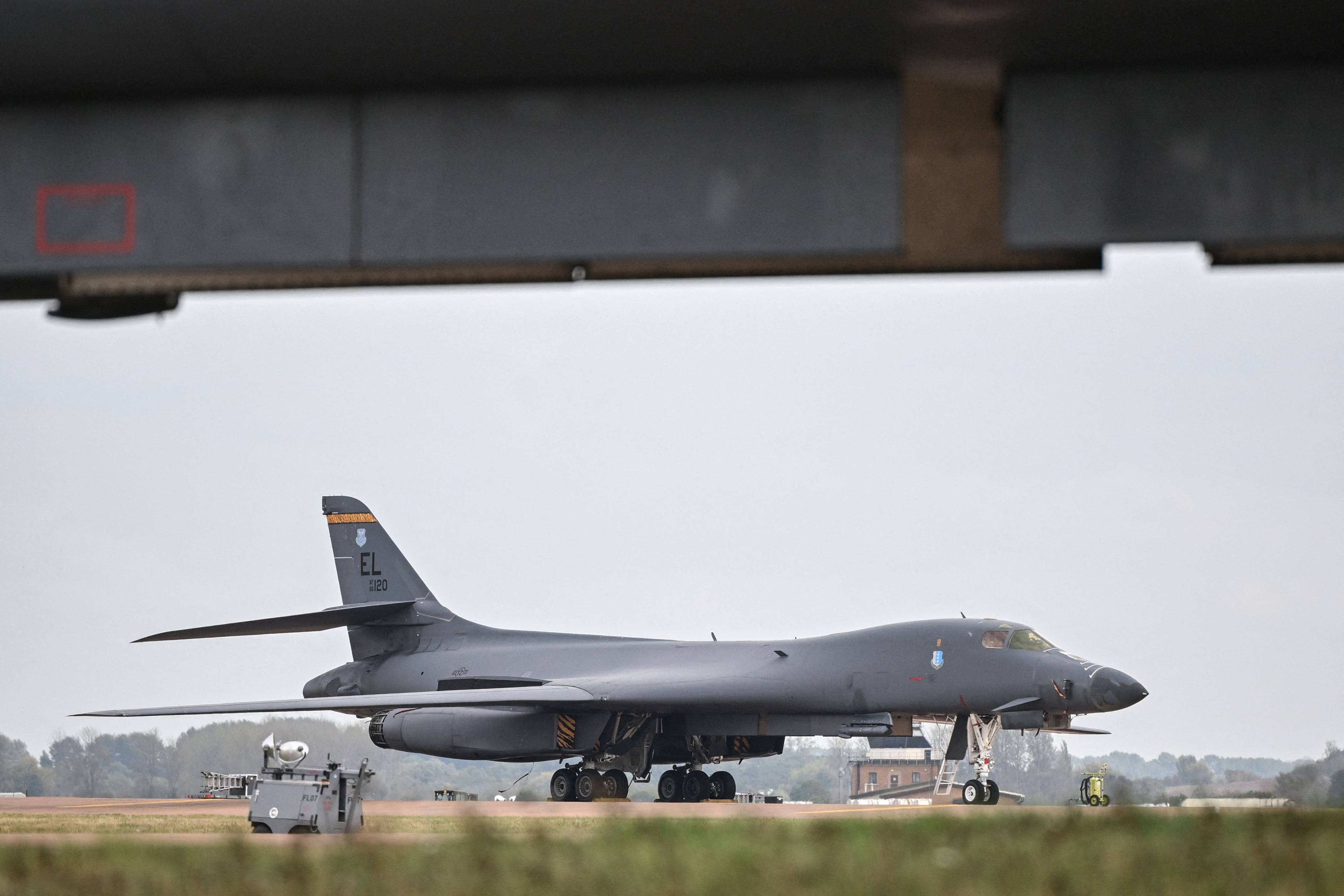 A US Air Force B-1 Lancer bomber on the tarmac at RAF Fairford base in Fairford, south west England, on Sunday. Photo: AFP