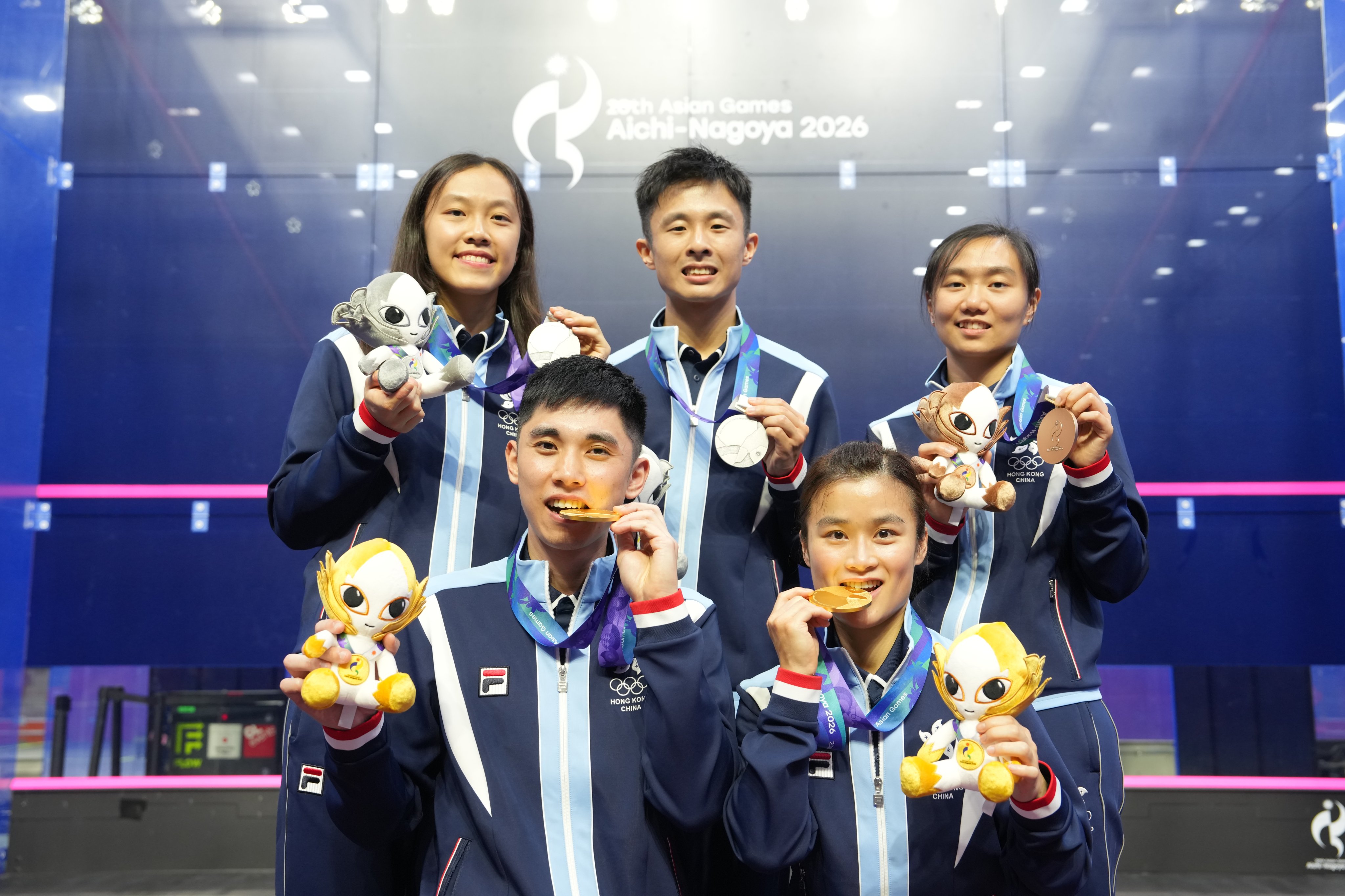 Hong Kong’s gold, silver and bronze medallists (from back row, left to right) Toby Tse, Lai Cheuk-nam, Chan Sun-yuk, Tang Ming-hong and Lee Ka-yi. Photo: Sam Tsang