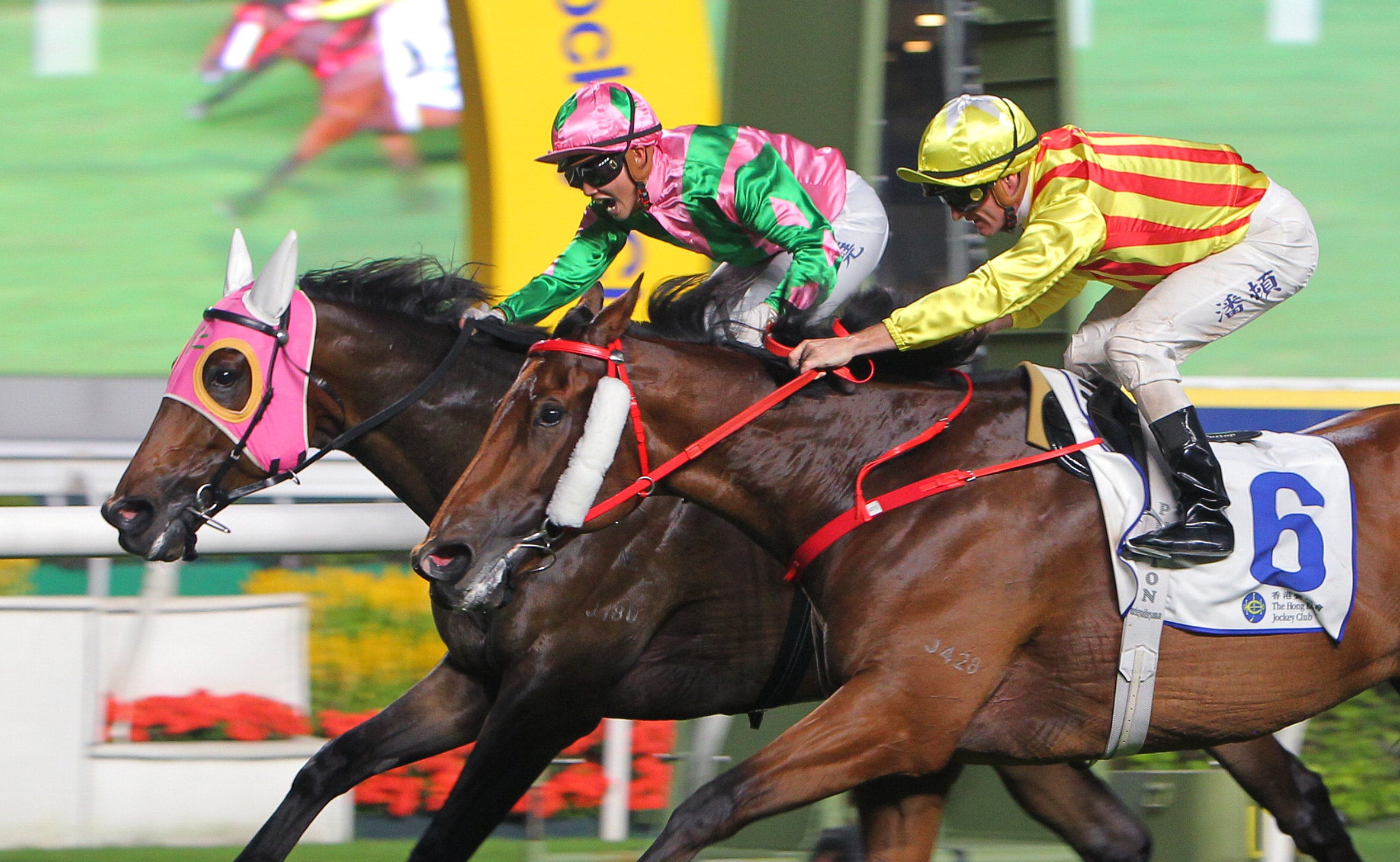 Nichola Yuen (pink) celebrates as she wins on Aeroinvincible at Sha Tin. Photos: Kenneth Chan