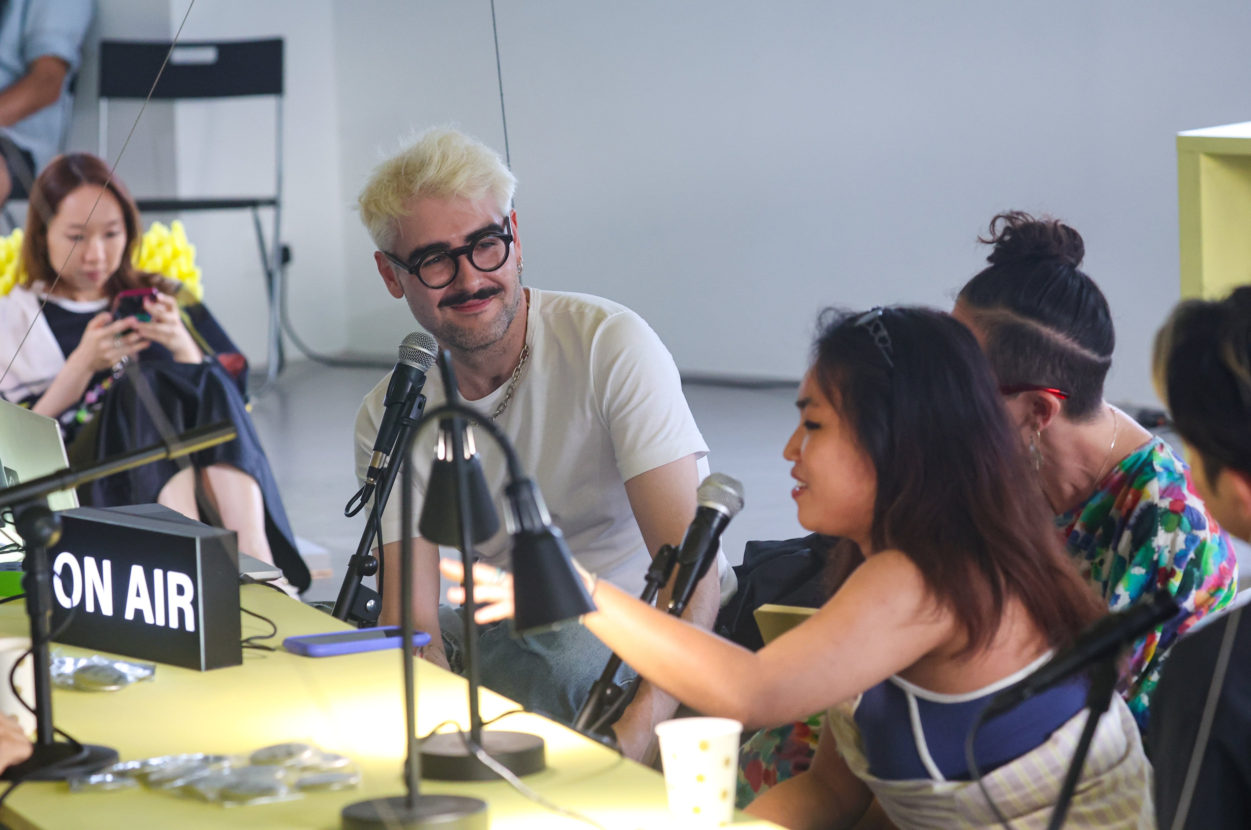 Para Site’s executive director James Taylor-Foster (second left) attends “Para Site is Live”, a radio broadcast event on August 29, 2026, that served as an unofficial farewell to the art organisation’s Quarry Bay site. Taylor-Foster says that, with no fixed space to move into lined up, Para Site’s plan is “to test and experiment”. Photo: Edmond So