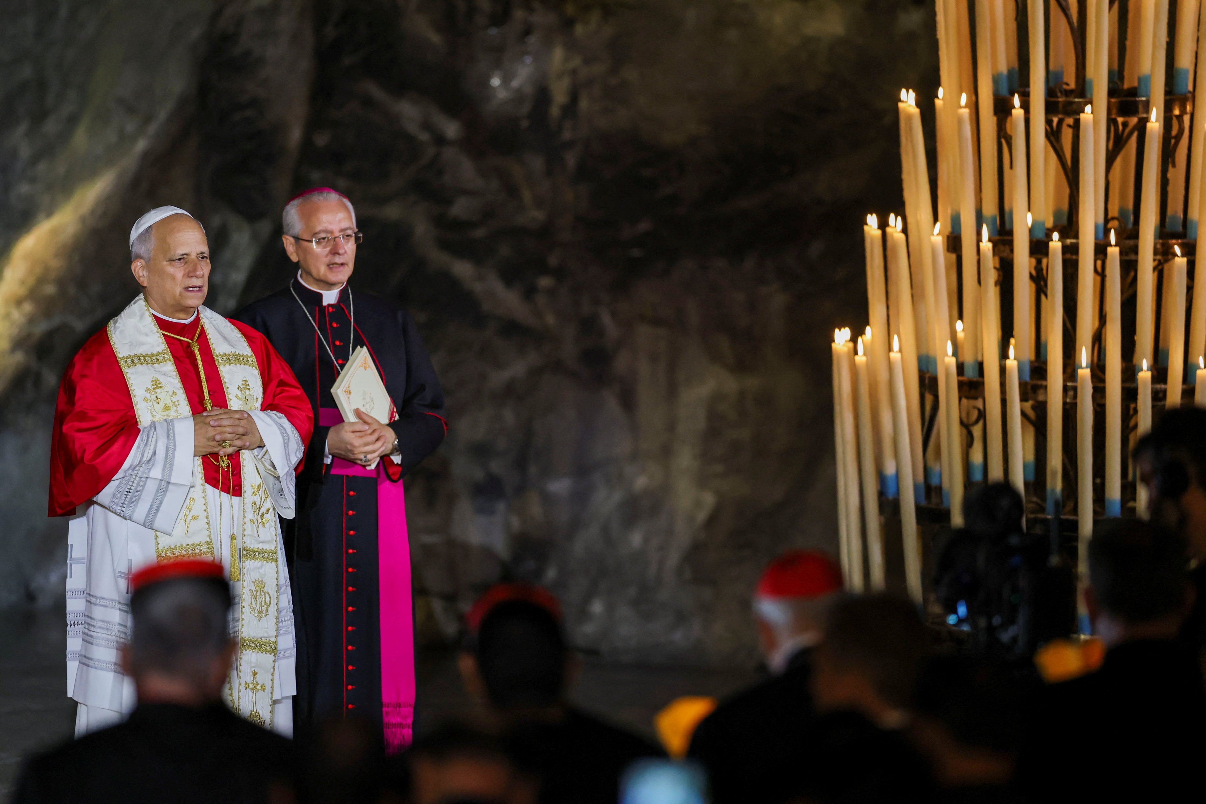Pope Leo leads the prayer of the Holy Rosary on the day of a candlelight procession, at the Grotto of the Apparitions, also known as the Grotto of Massabielle, at the Sanctuary of Our Lady of Lourdes in France on Sunday. Photo: Reuters