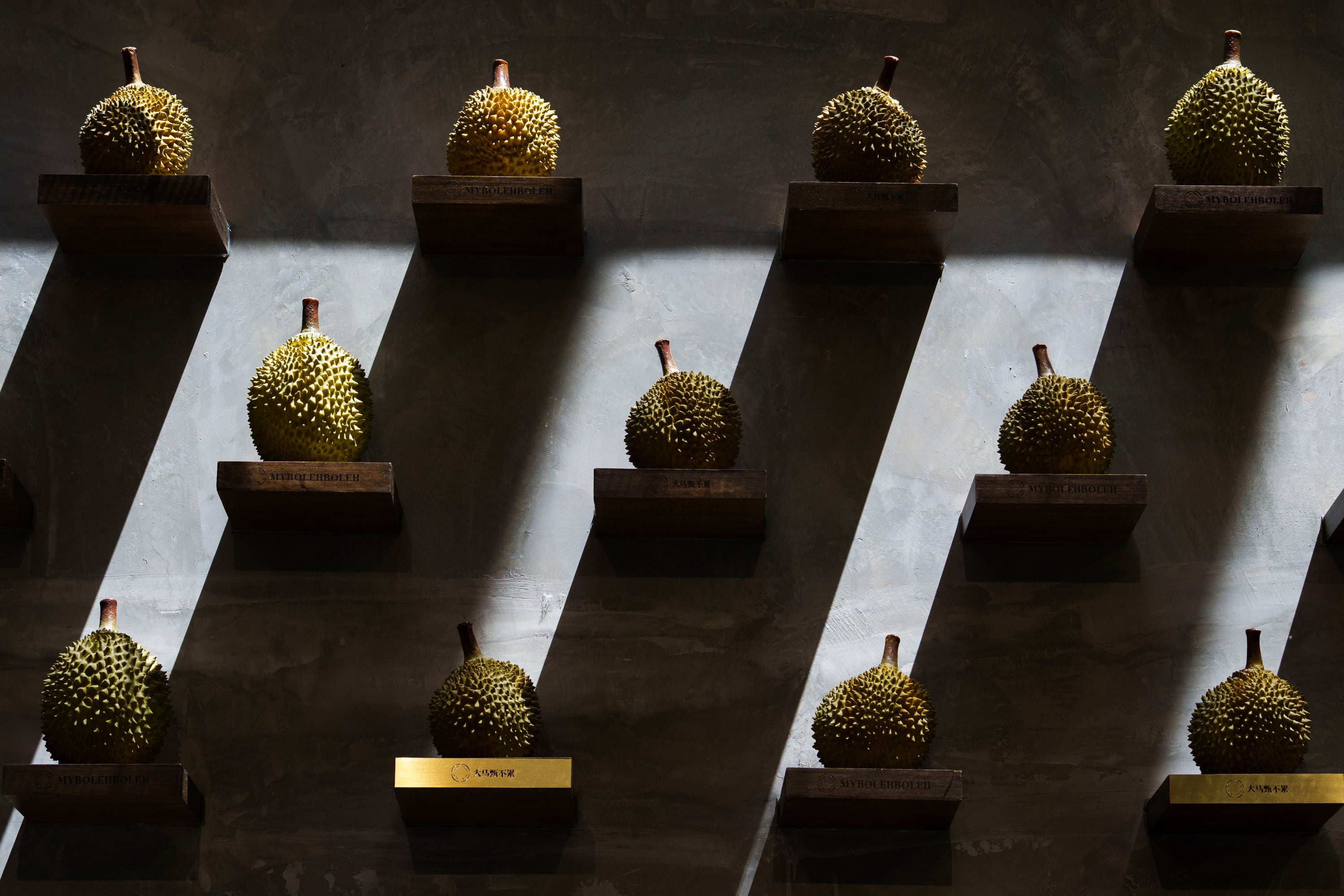 Durians are displayed on a wall at the Kuala Lumpur Durian Experience Centre on June 26. Photo: AP