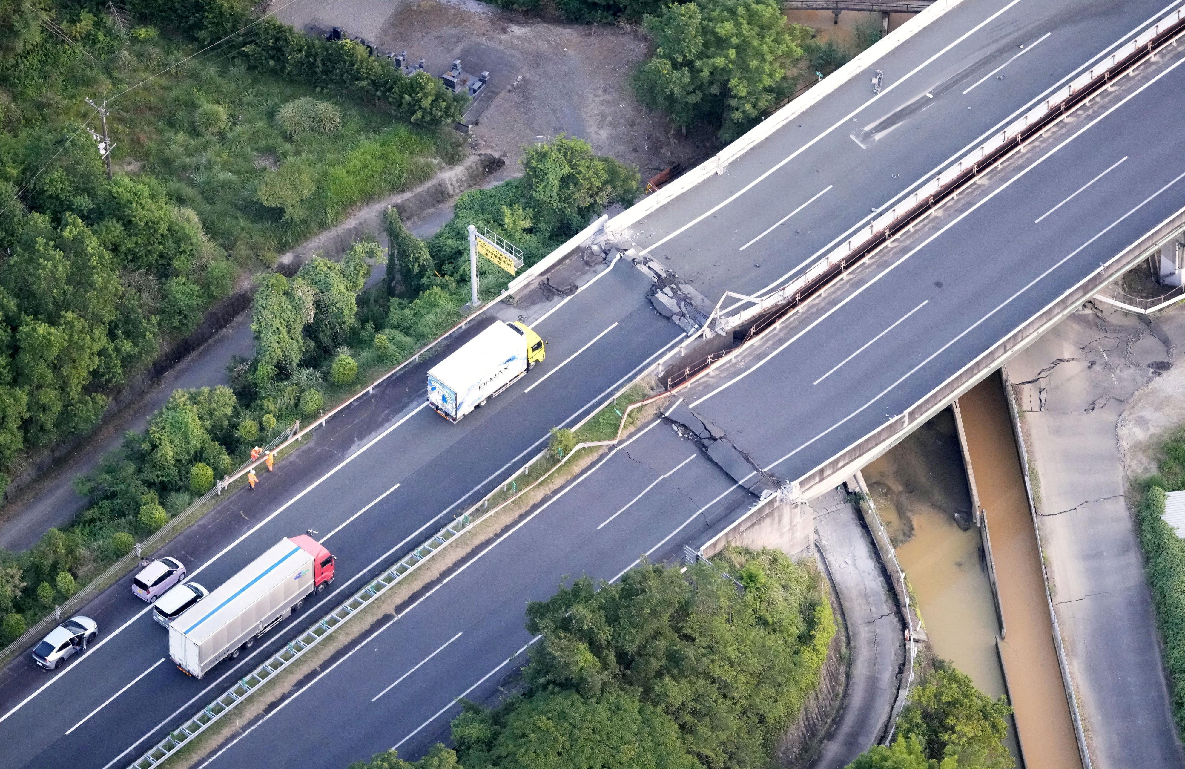 An aerial view of damage to the Kyushu Expressway in Yatsushiro, Kumamoto prefecture, Japan, after a magnitude 7.1 earthquake, in July. Photo: Kyodo/Reuters