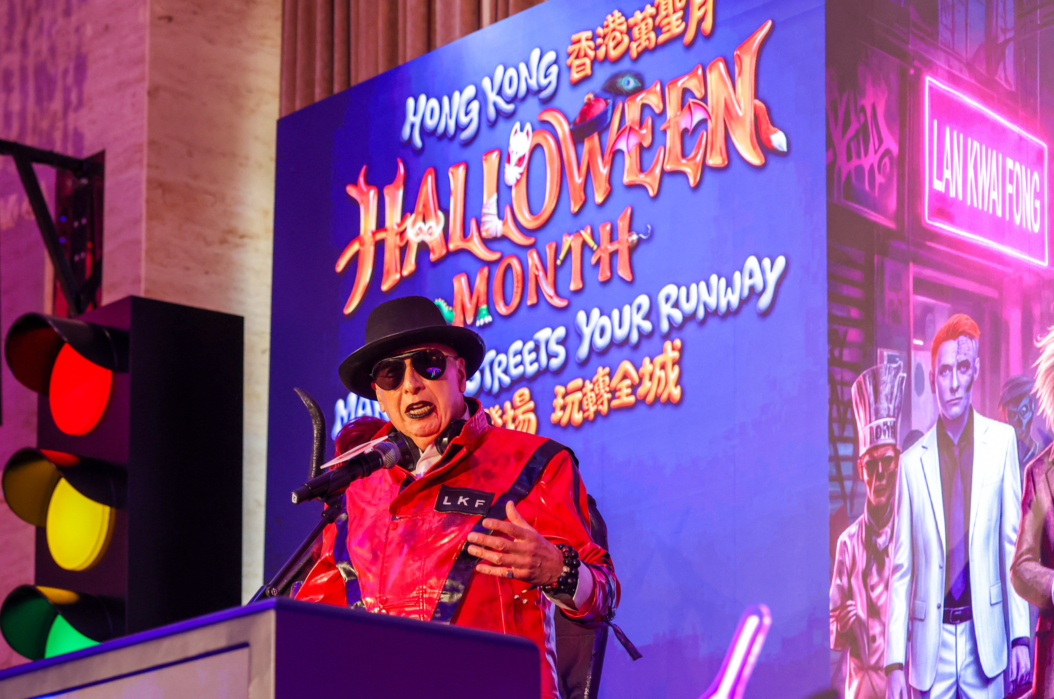 Allan Zeman, chairman of the Lan Kwai Fong Group, at the press conference. He said about 80,000 people visited the nightlife area during last year’s Halloween celebrations. Photo: Silvia Siu