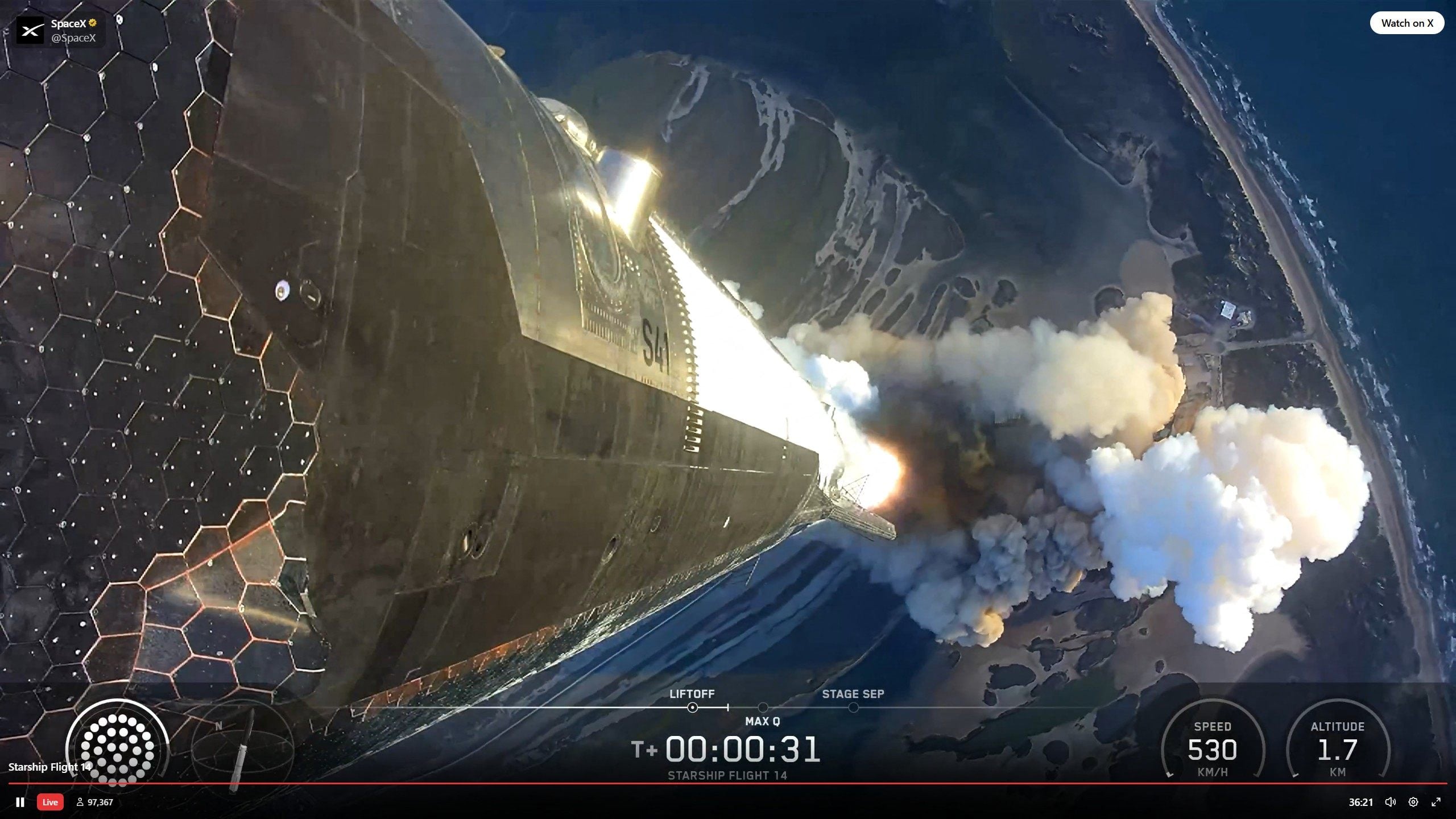 A view of the launch from the megarocket. Photo: SpaceX via AFP
