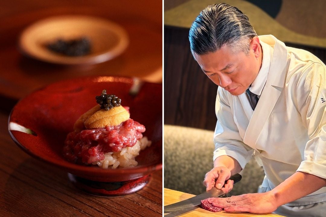 Chef Tsutomu Ito at his restaurant GYU+ bar in Causeway Bay. Photo: SCMP / Chloe Loung.
Gyu+ Bar by Miyoshi’s signature Miyoshi-style wagyu sushi. Photo: Gyu+ Bar by Miyoshi