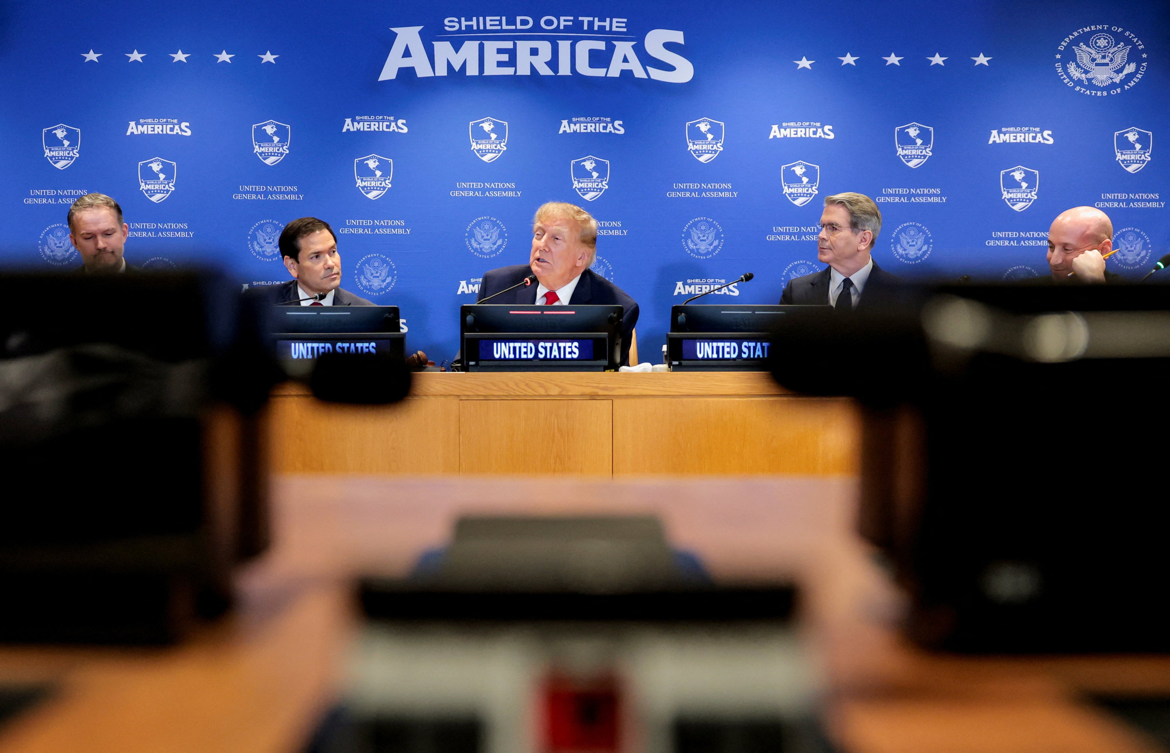 US President Donald Trump (centre) Secretary of State Marco Rubio (left) and Treasury Secretary Scott Bessent at a Shield of the Americas event during the UN General Assembly in New York last week. Photo: Reuters